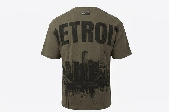 Army Green Detroit Renaissance Heavyweight Tee, ghost flat, rear view