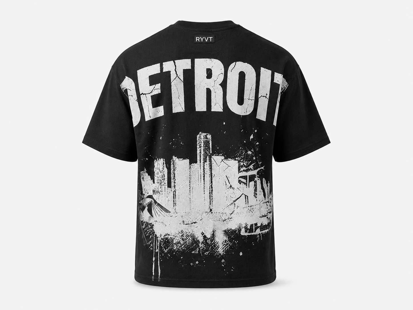 Black Detroit Renaissance Heavyweight Tee, ghost flat, rear view
