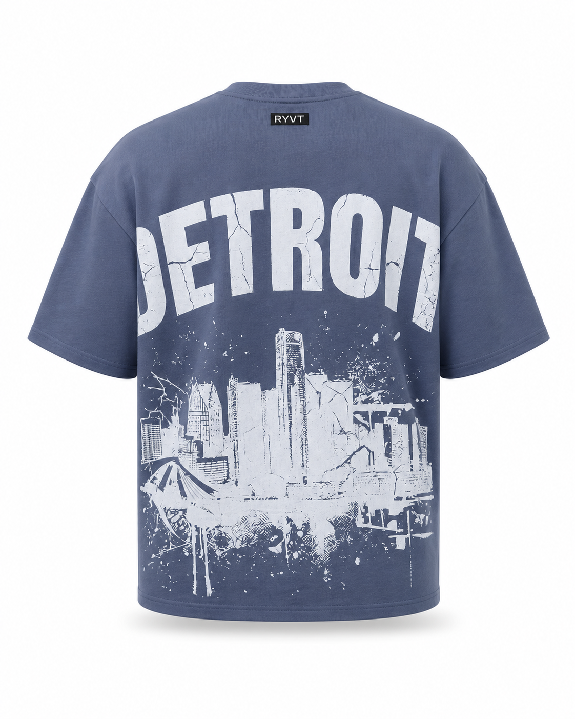 Blue Detroit Renaissance Heavyweight Tee, ghost flat, rear view