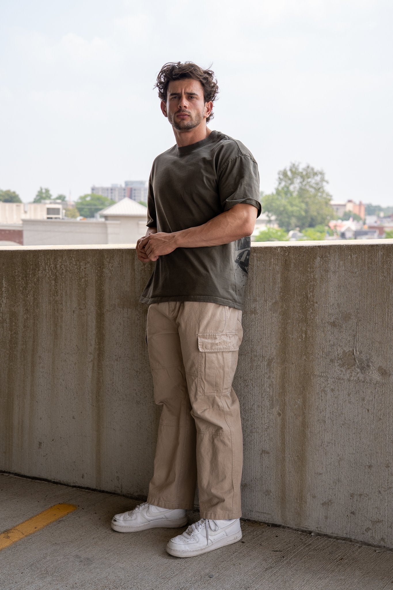 Army Green Detroit Renaissance Heavyweight Tee, on model, front view