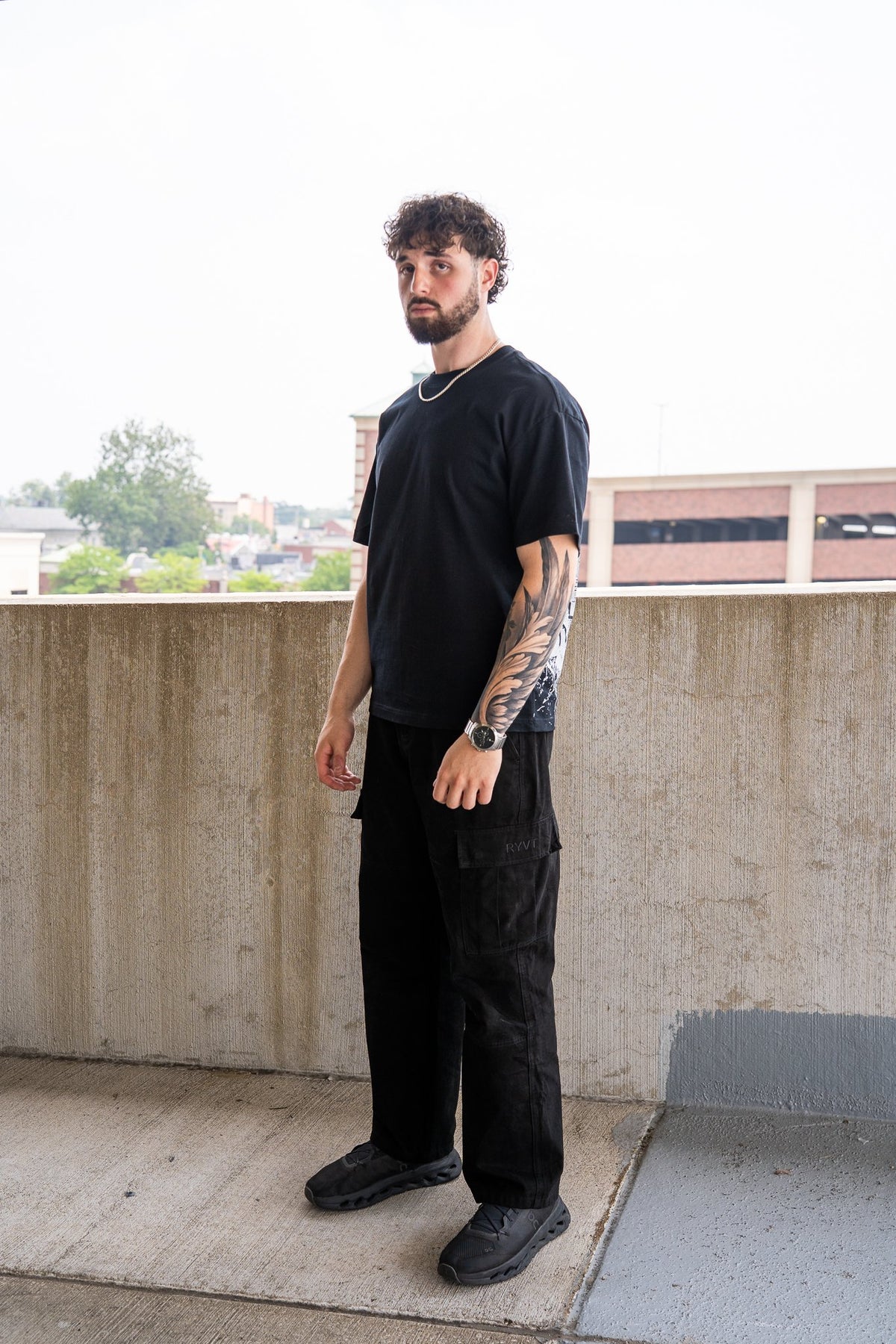 Black Detroit Renaissance Heavyweight Tee, on model, front view