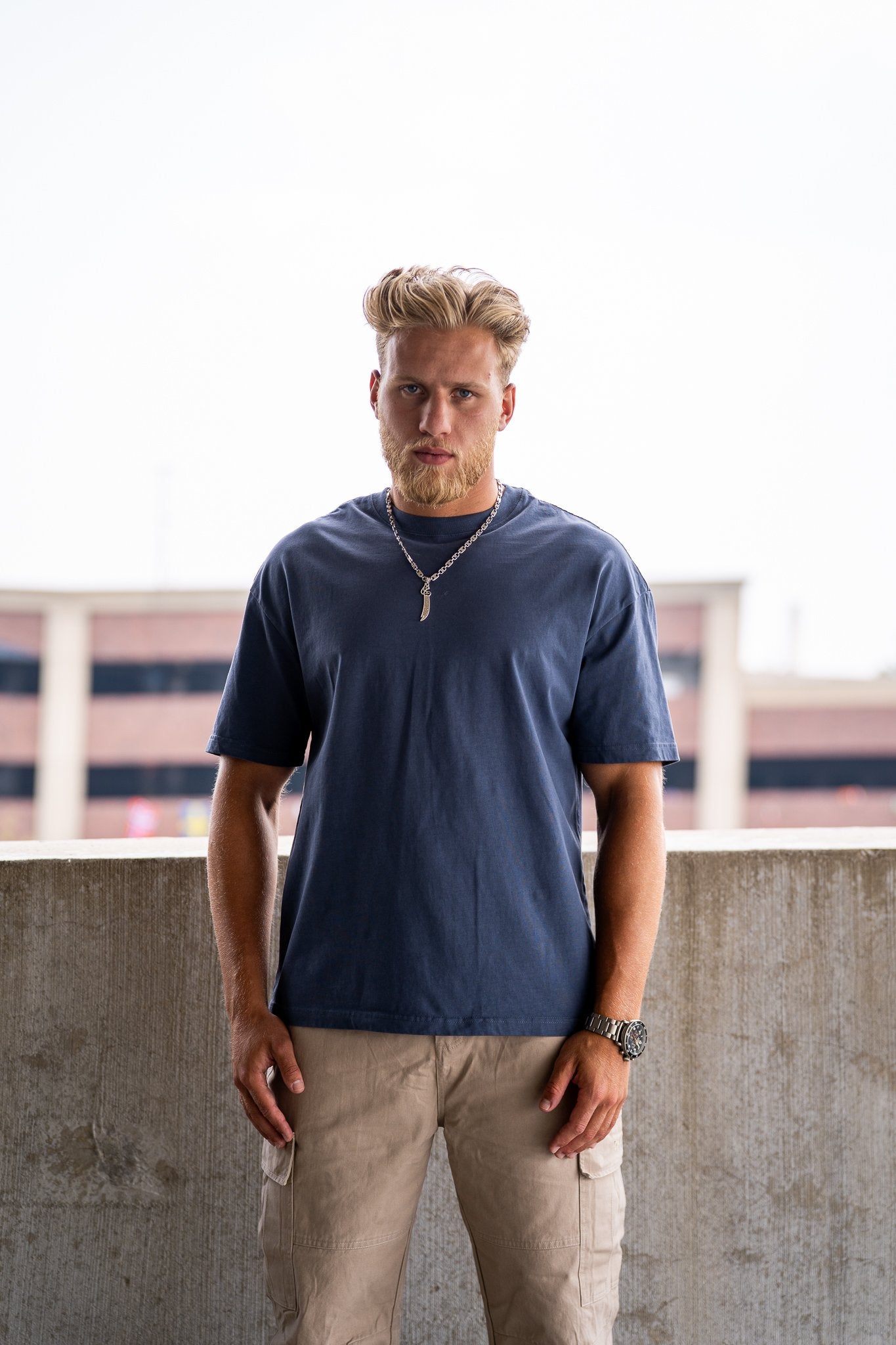 Blue Detroit Renaissance Heavyweight Tee, on model, front view