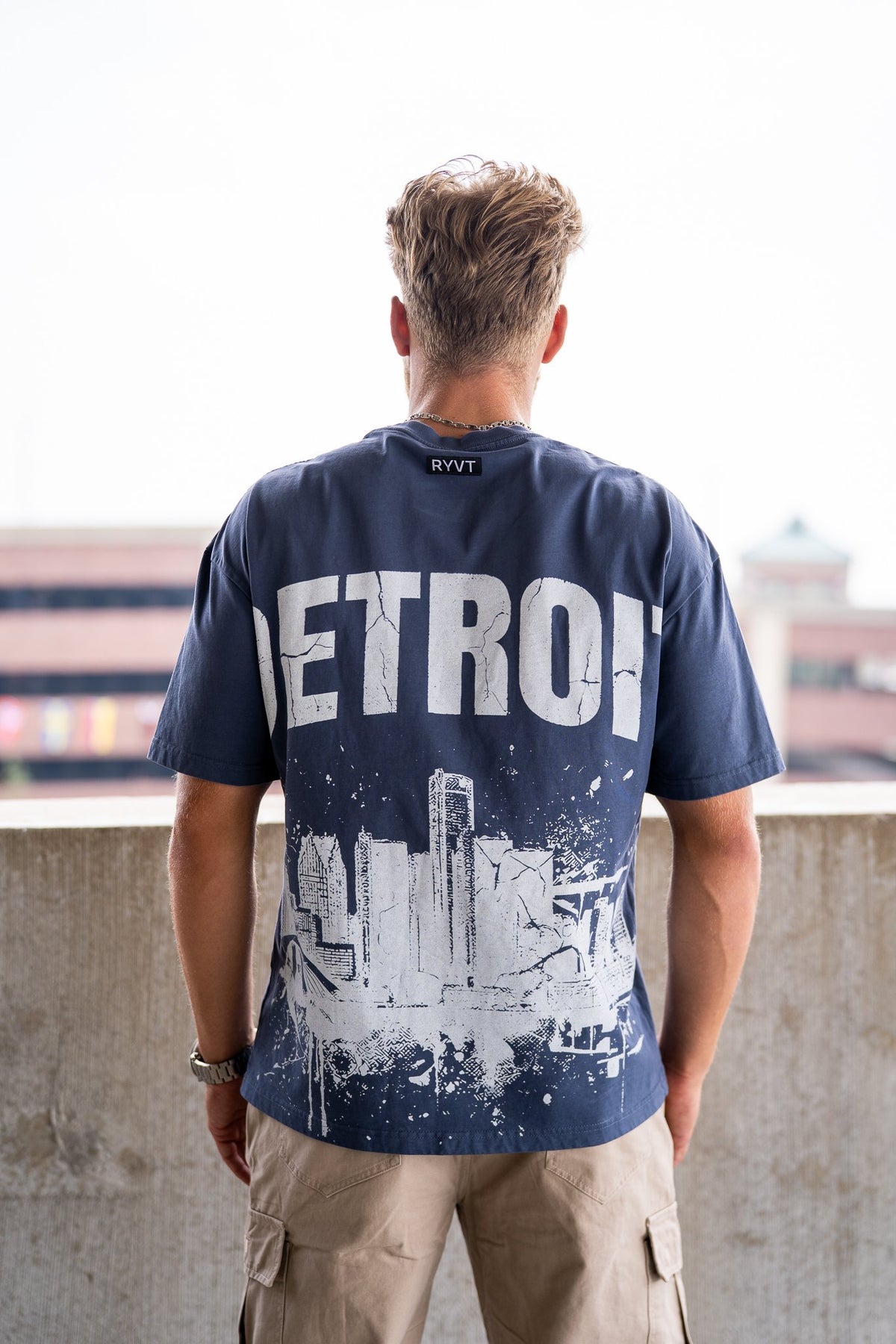 Blue Detroit Renaissance Heavyweight Tee, on model, rear view