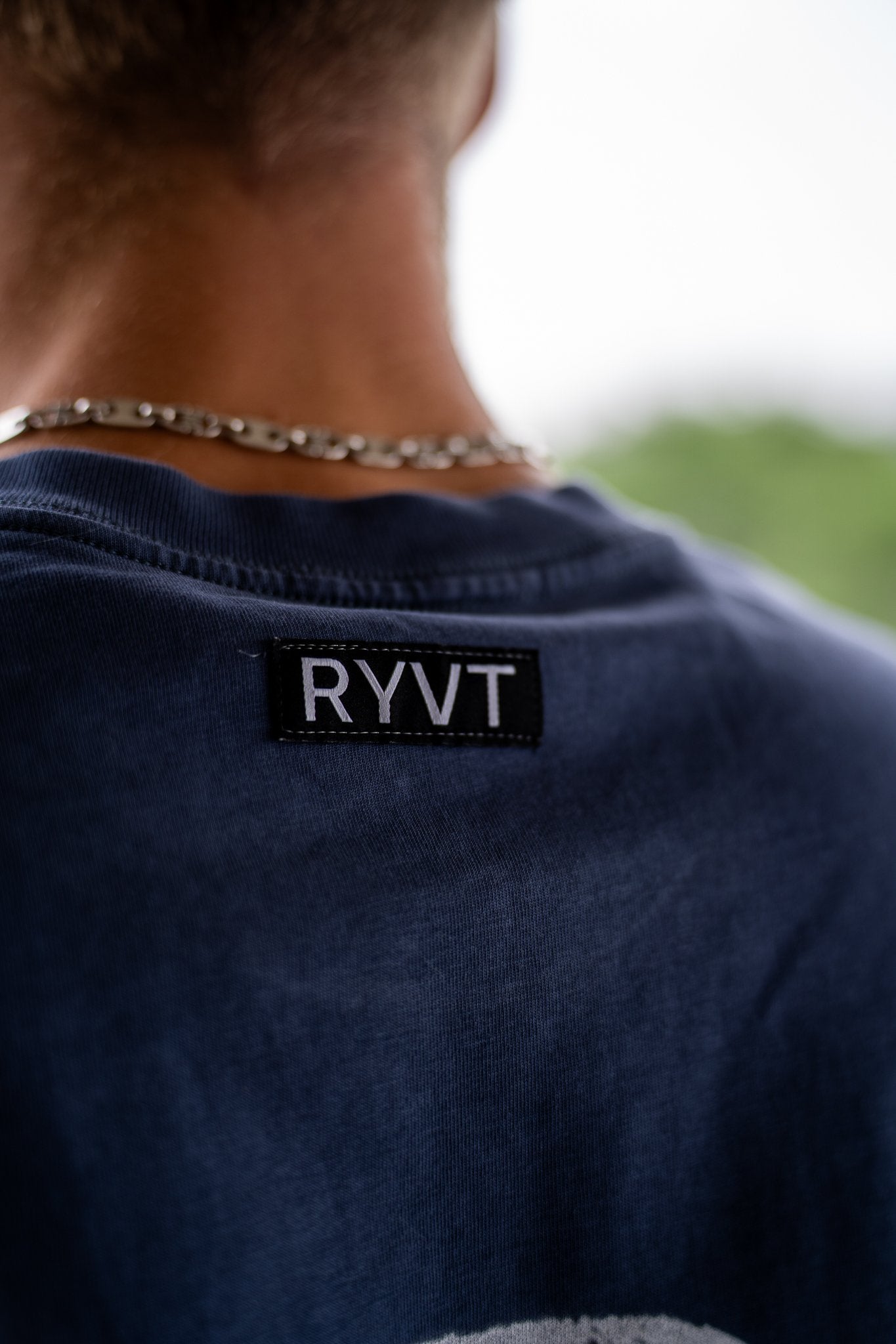 Blue Detroit Renaissance Heavyweight Tee, on model, detail view