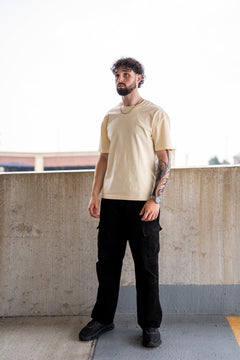 Cream Detroit Renaissance Heavyweight Tee, on model, front view