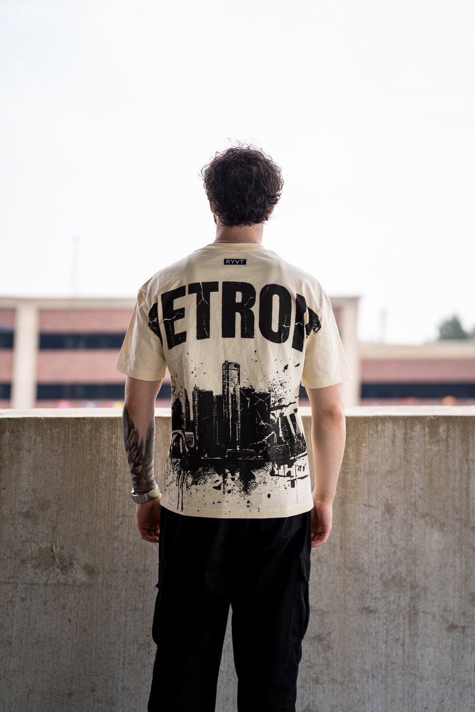 Cream Detroit Renaissance Heavyweight Tee, on model, rear view