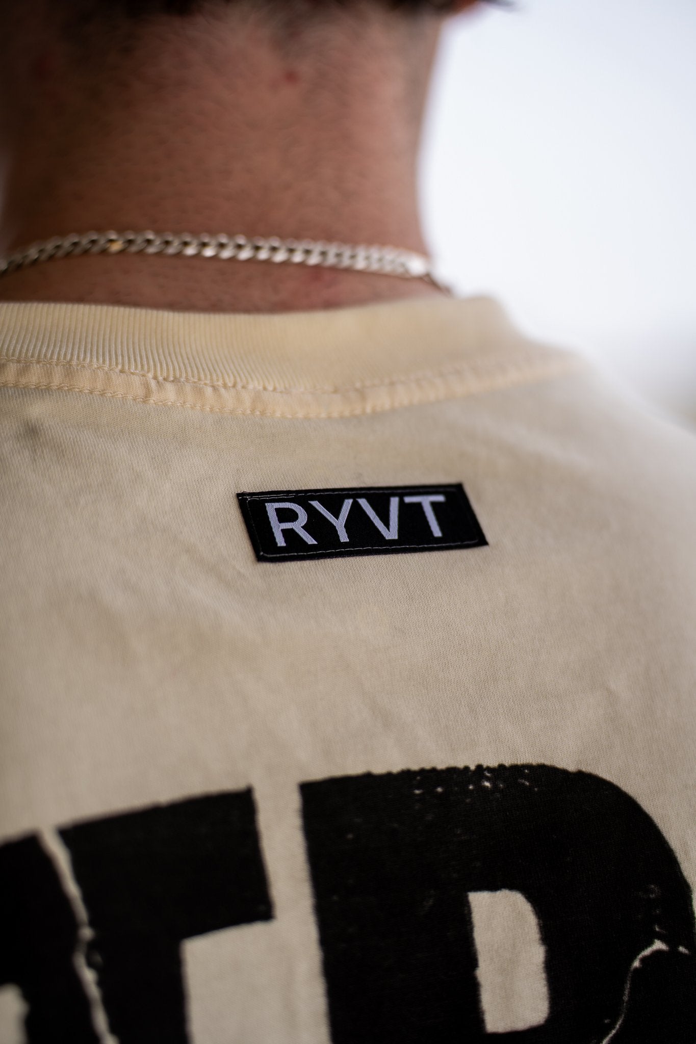 Cream Detroit Renaissance Heavyweight Tee, on model, detail view