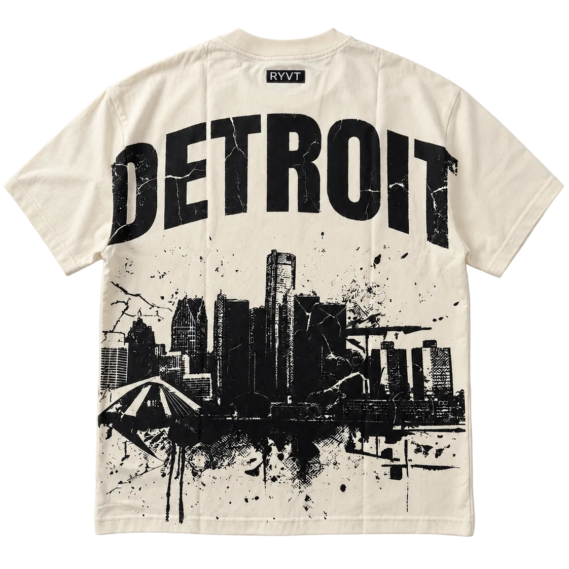 Cream Detroit Renaissance Heavyweight Tee, ghost flat lay, rear view showing the Detroit skyline print