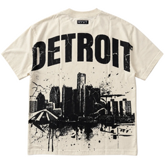Cream Detroit Renaissance Heavyweight Tee, ghost flat lay, rear view showing the Detroit skyline print