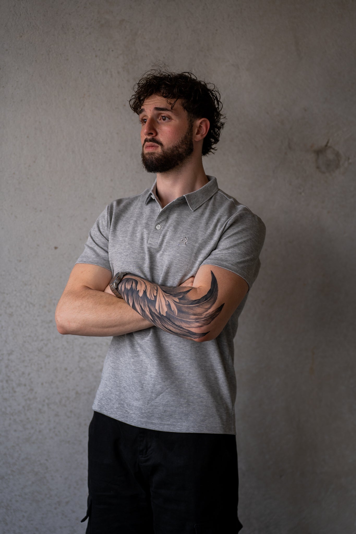 Grey Executive Polo, on model, front view