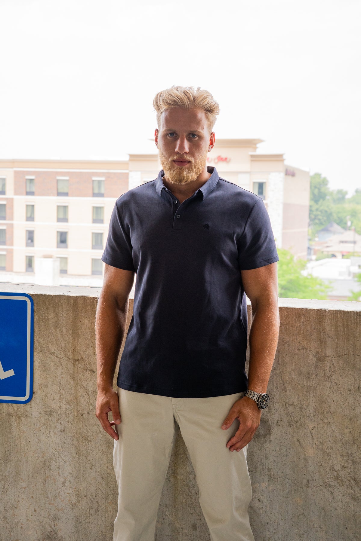 Navy Executive Polo, on model, front view