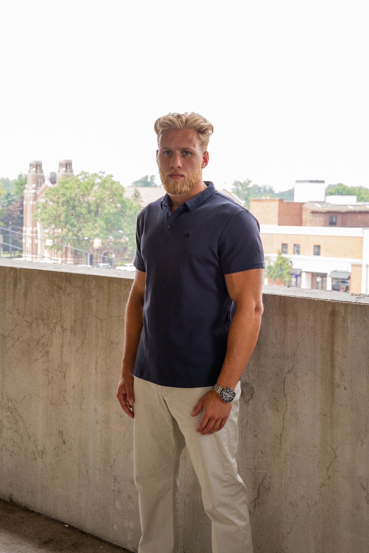 Navy Executive Polo, on model, front view