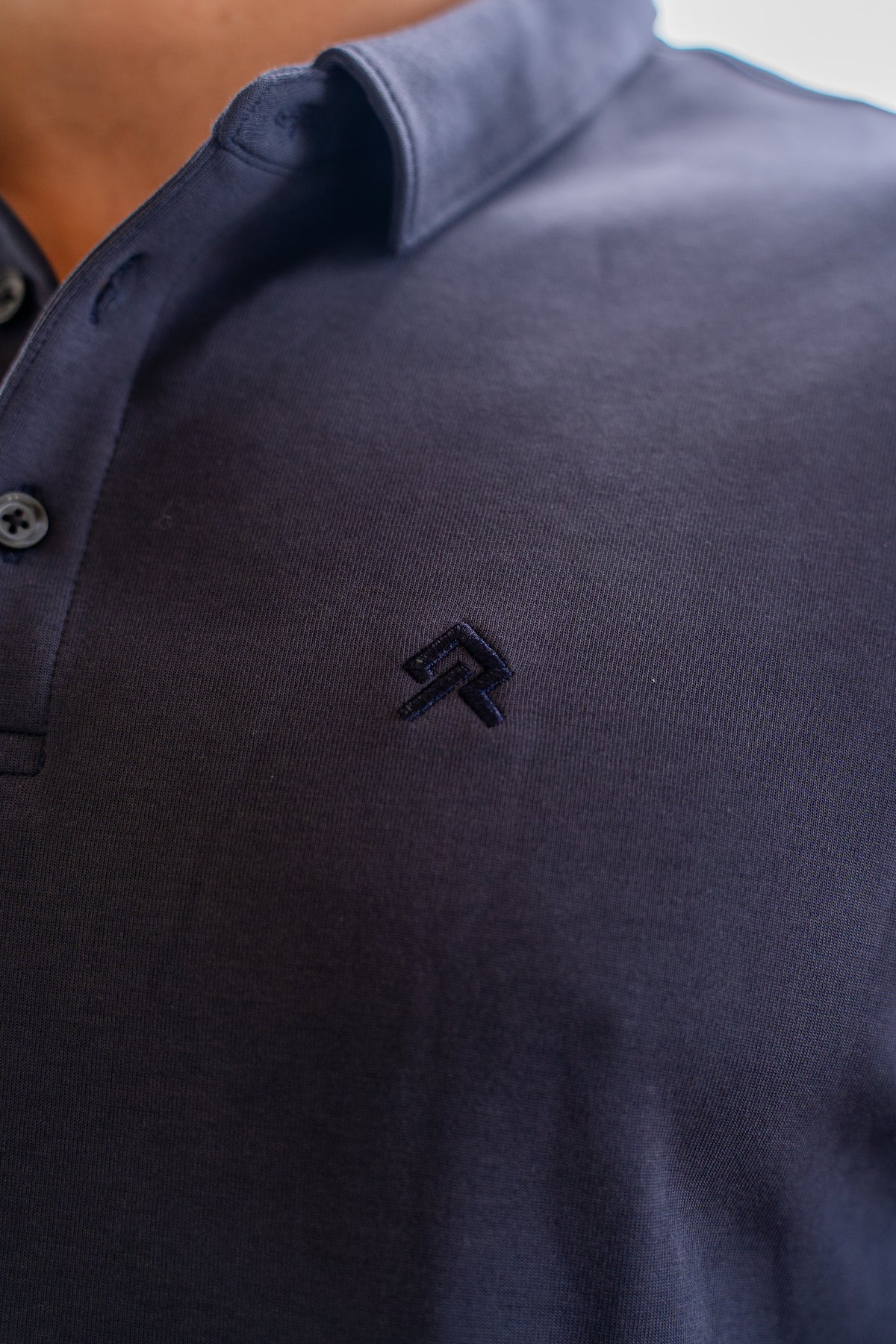 Navy Executive Polo, on model, detail view