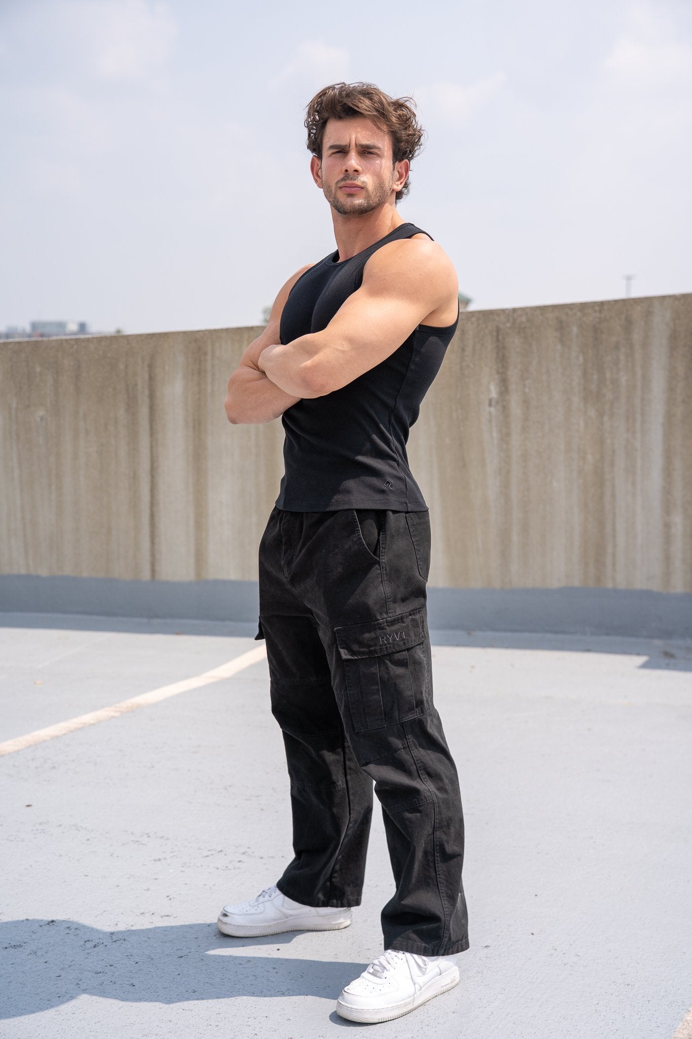 Black Foundation Tank, on model, three-quarter view