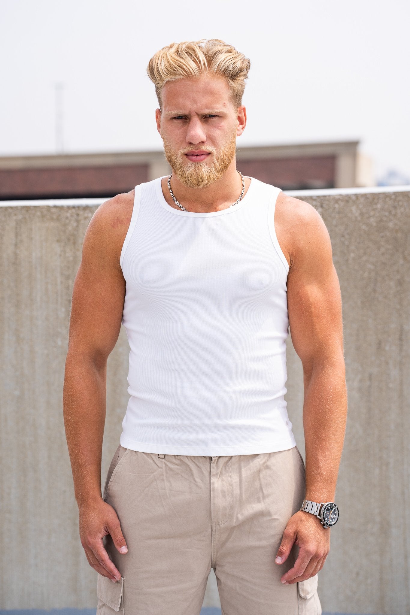 White Foundation Tank, on model, front view