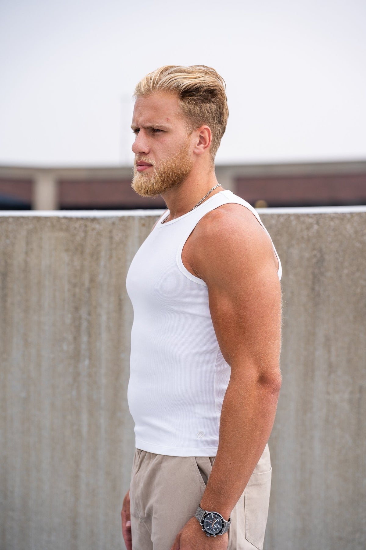 White Foundation Tank, on model, three-quarter view