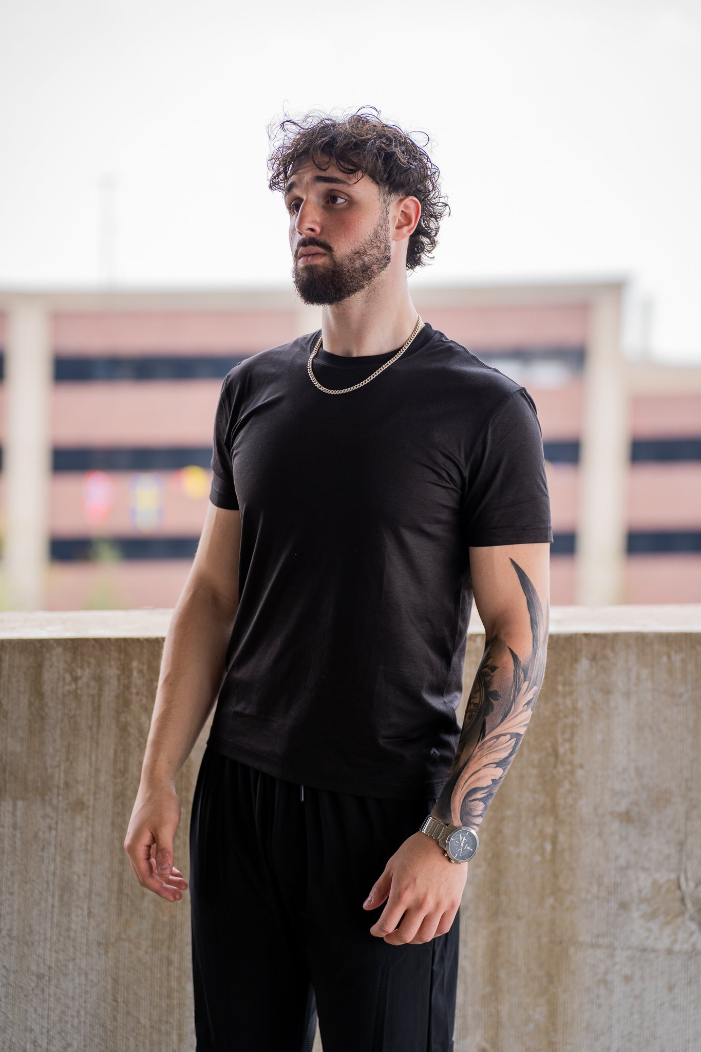 Black Foundation Tee, on model, front view