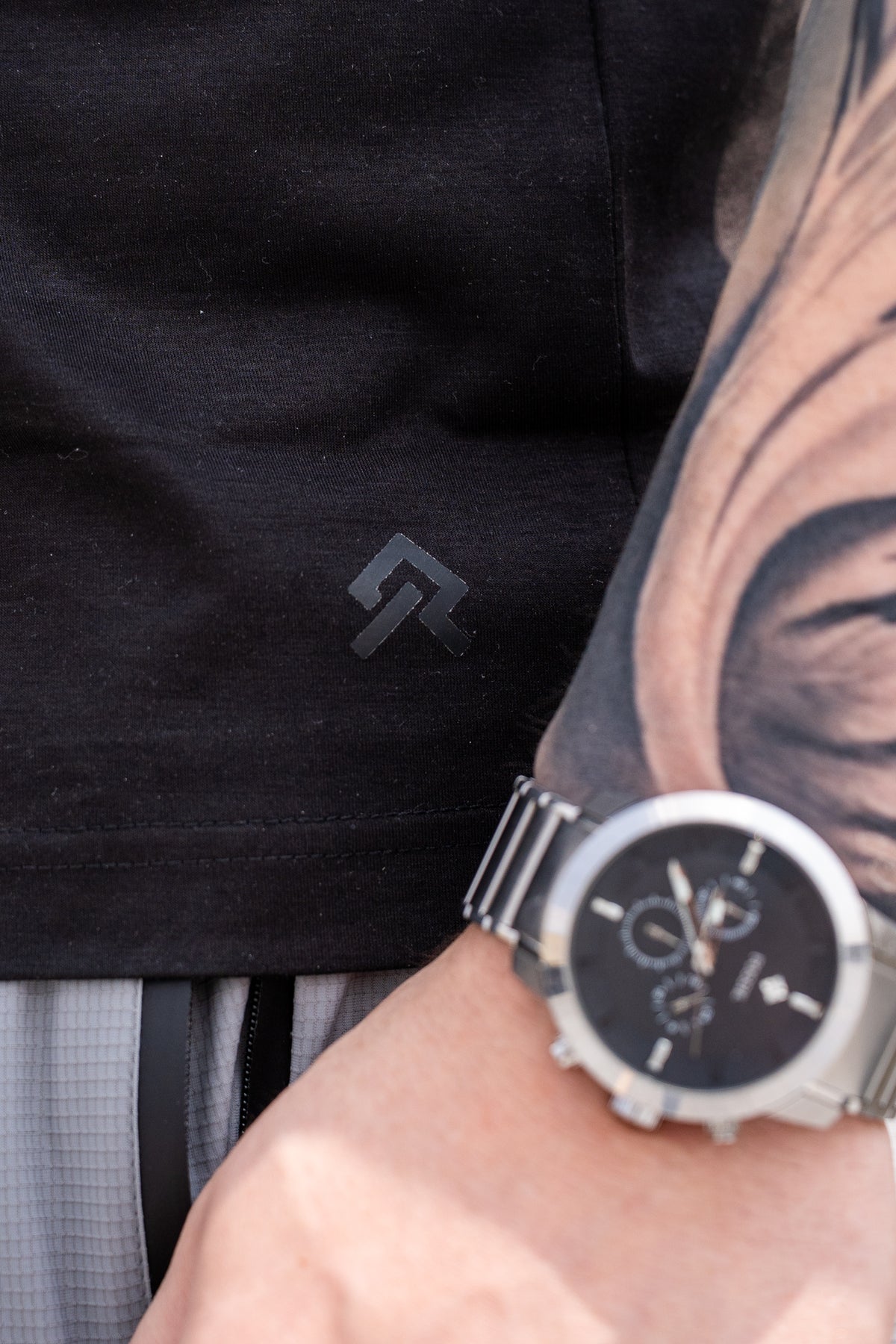 Black Foundation Tee, on model, detail view