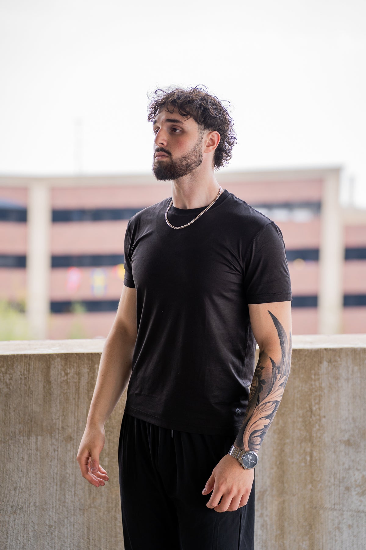 Black Foundation Tee, on model, front view