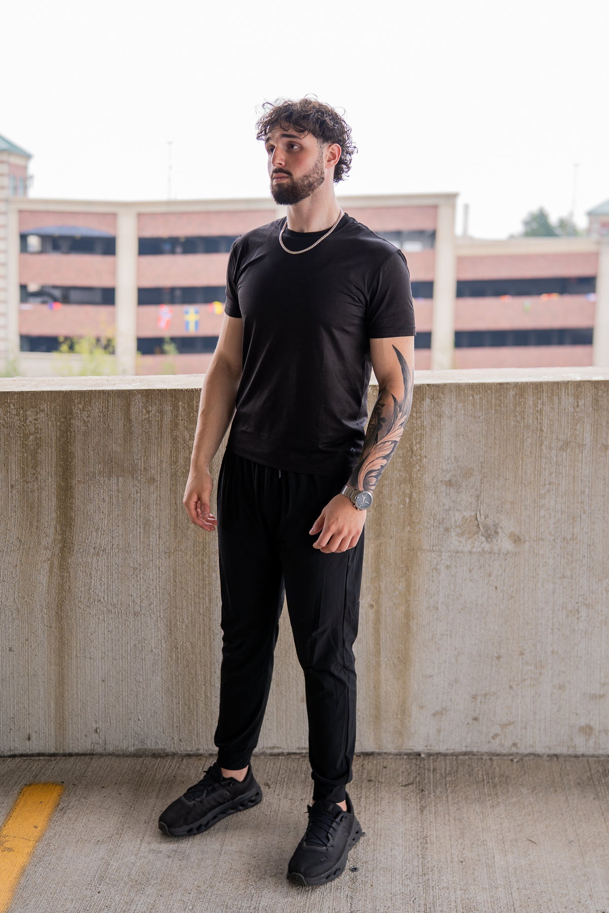 Black Foundation Tee, on model, front view