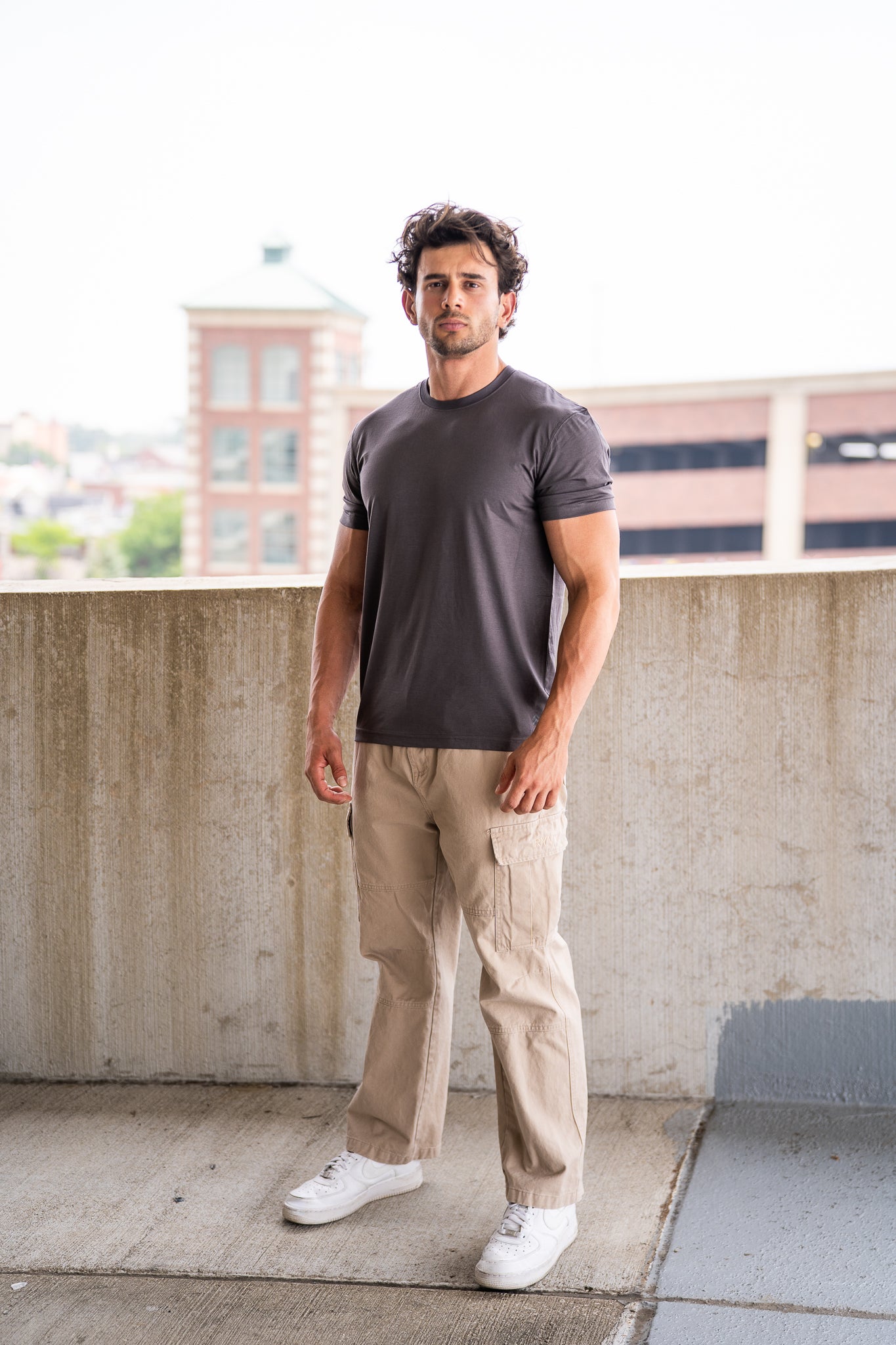 Charcoal Taupe Foundation Tee, on model, front view