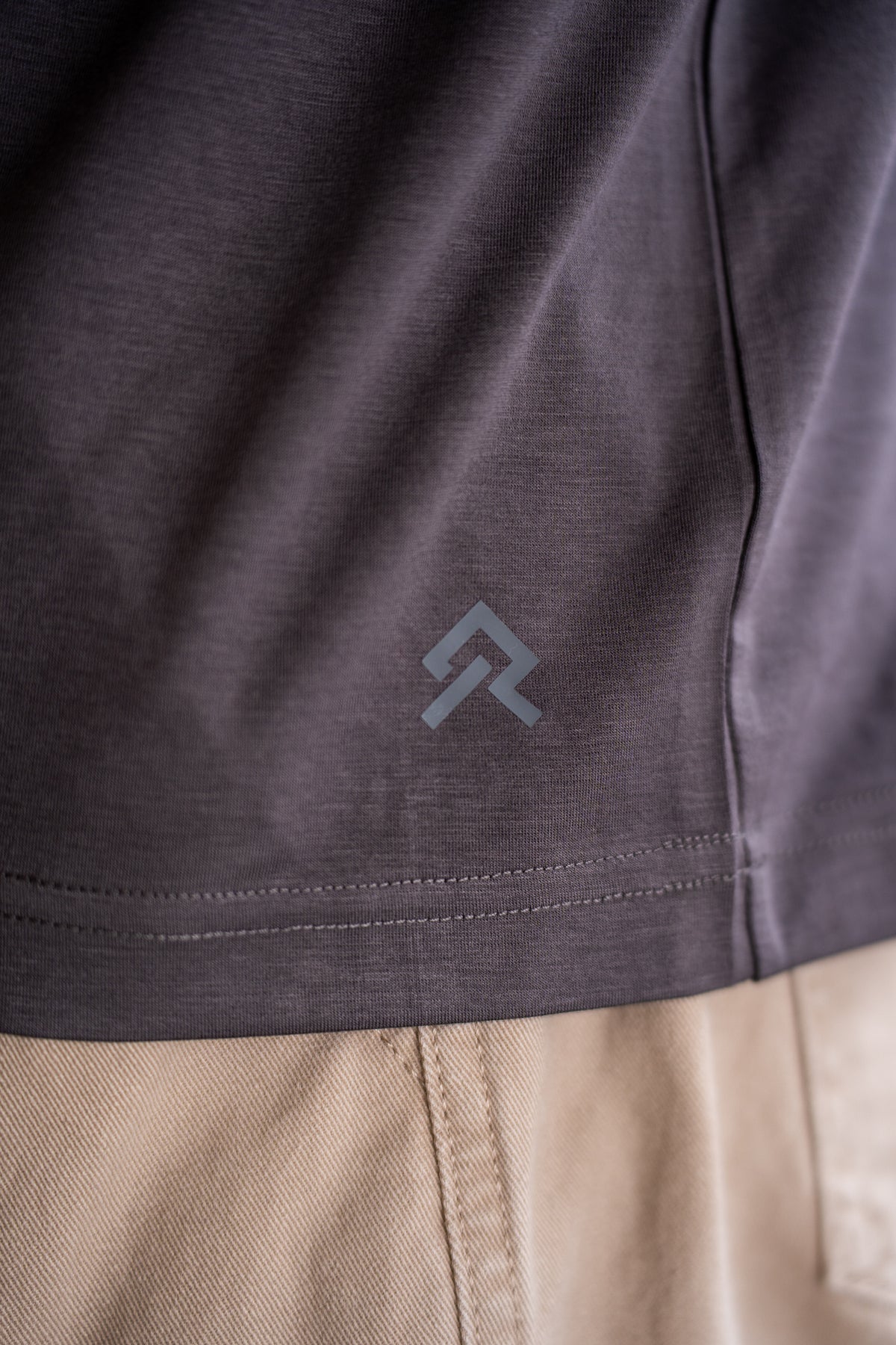 Charcoal Taupe Foundation Tee, on model, detail view