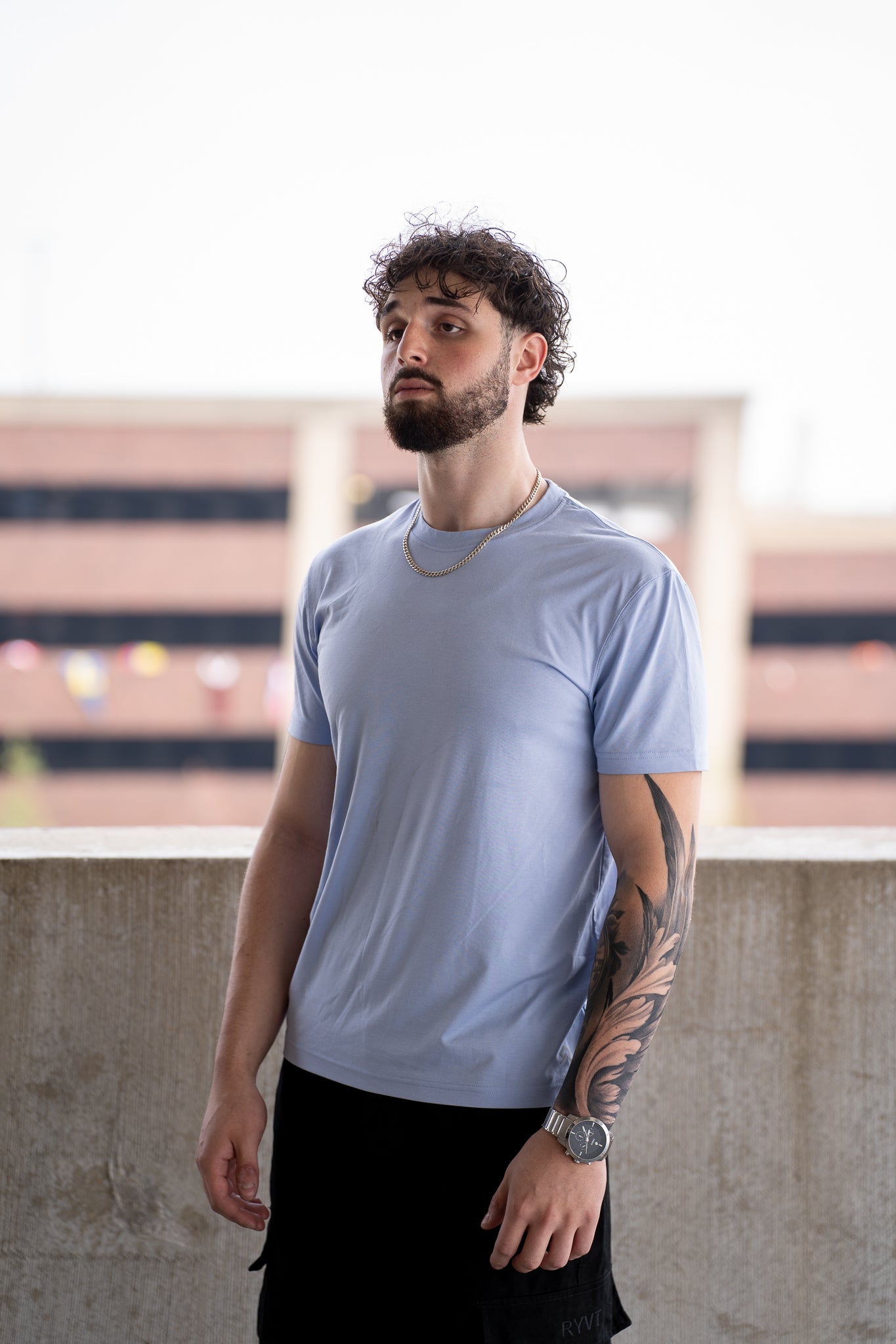 Powder Blue Foundation Tee, on model, front view