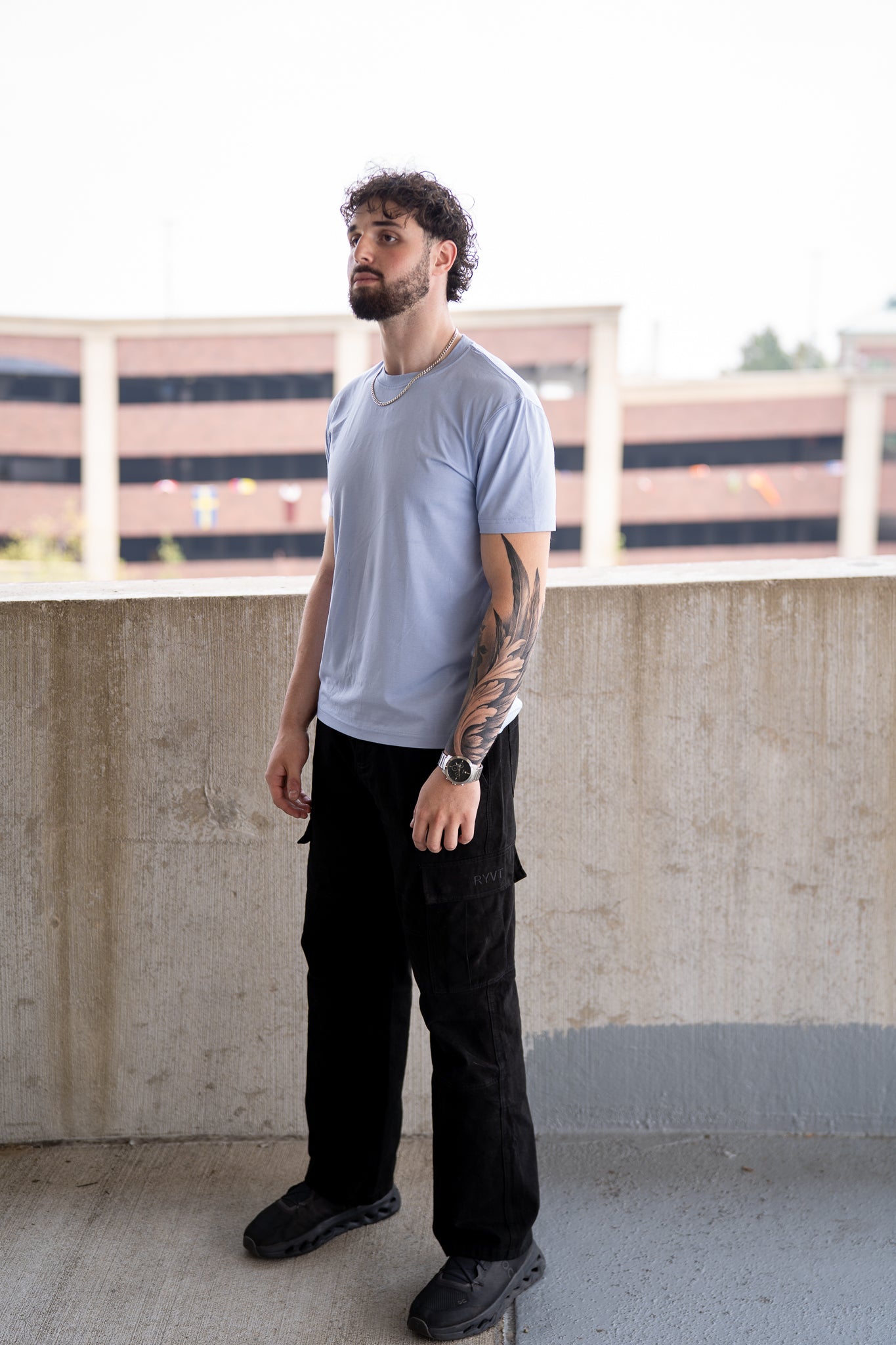 Powder Blue Foundation Tee, on model, front view