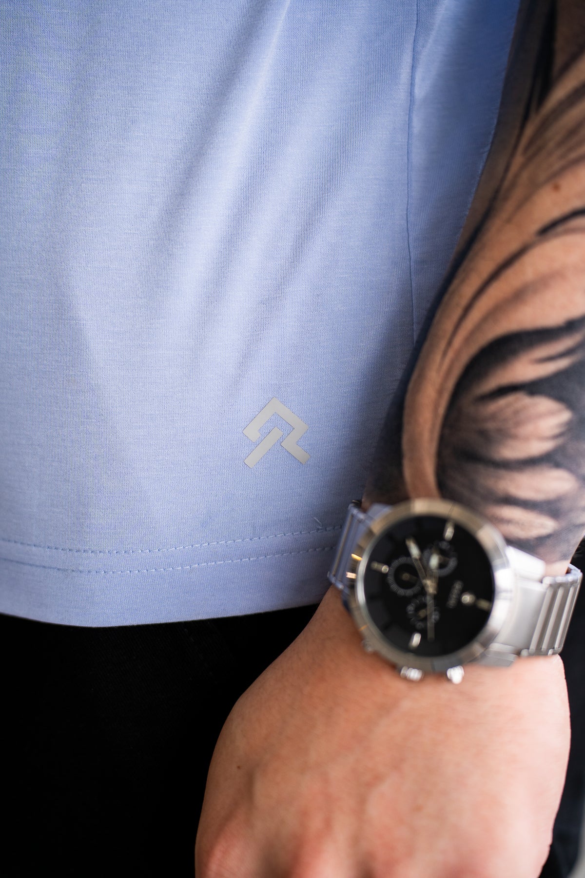 Powder Blue Foundation Tee, on model, detail view