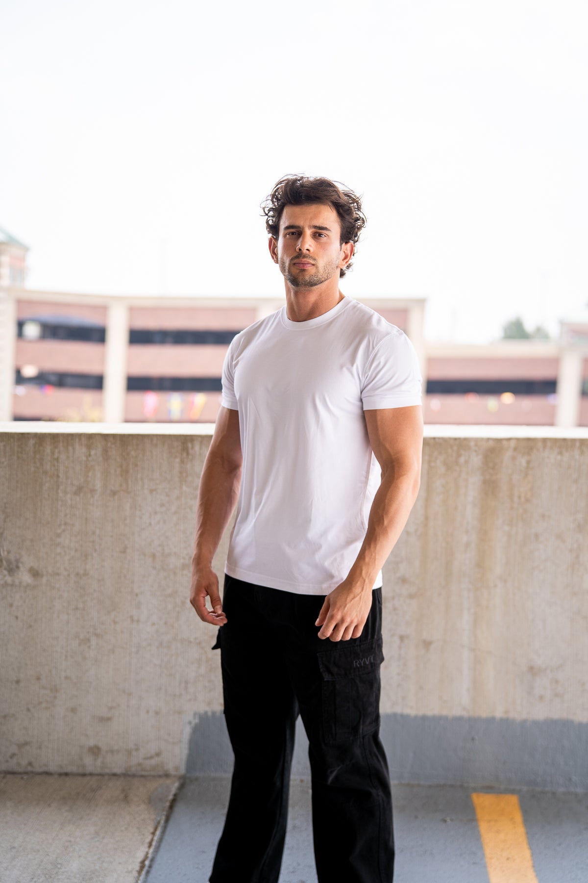 White Foundation Tee, on model, front view