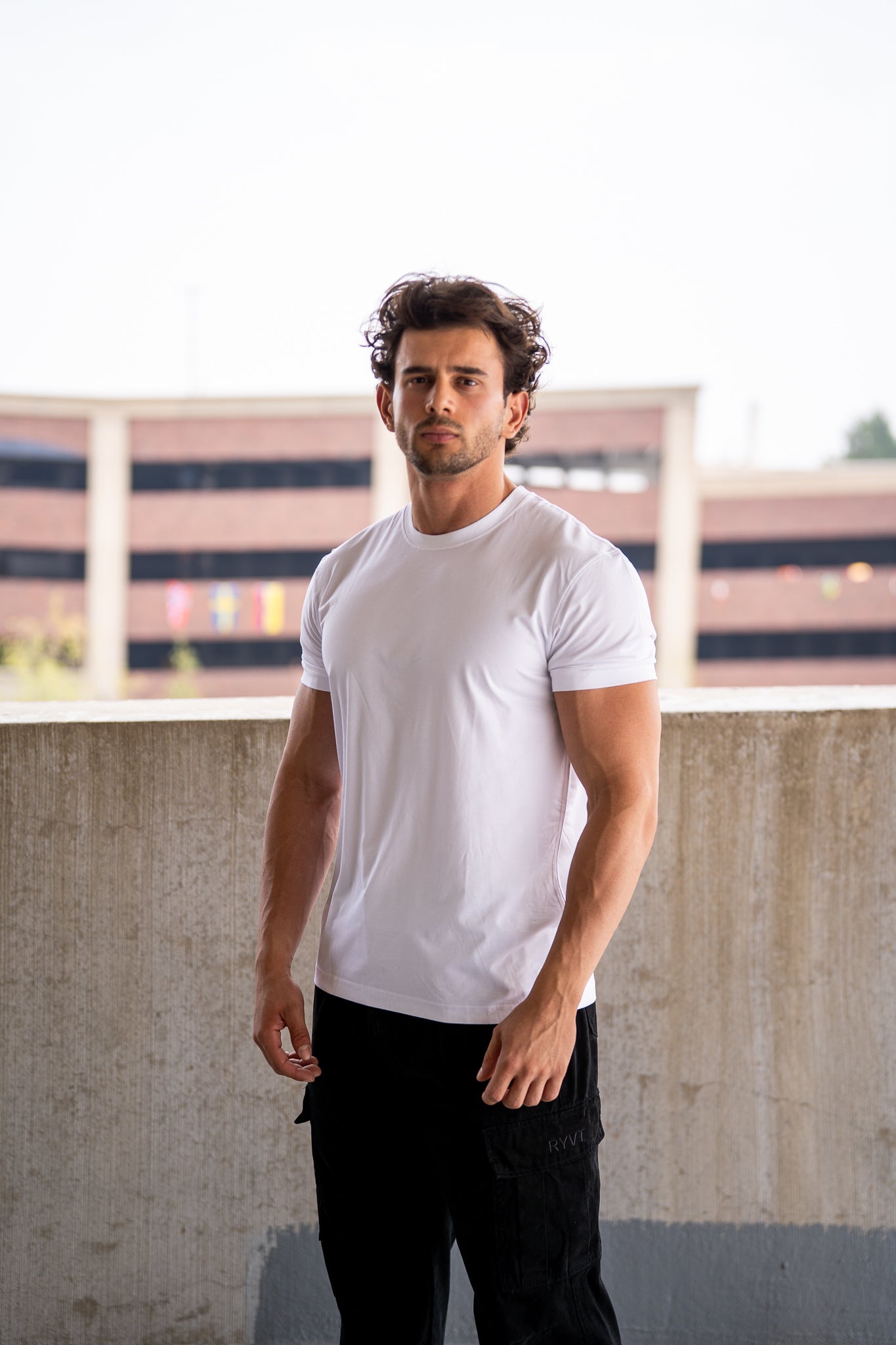 White Foundation Tee, on model, front view