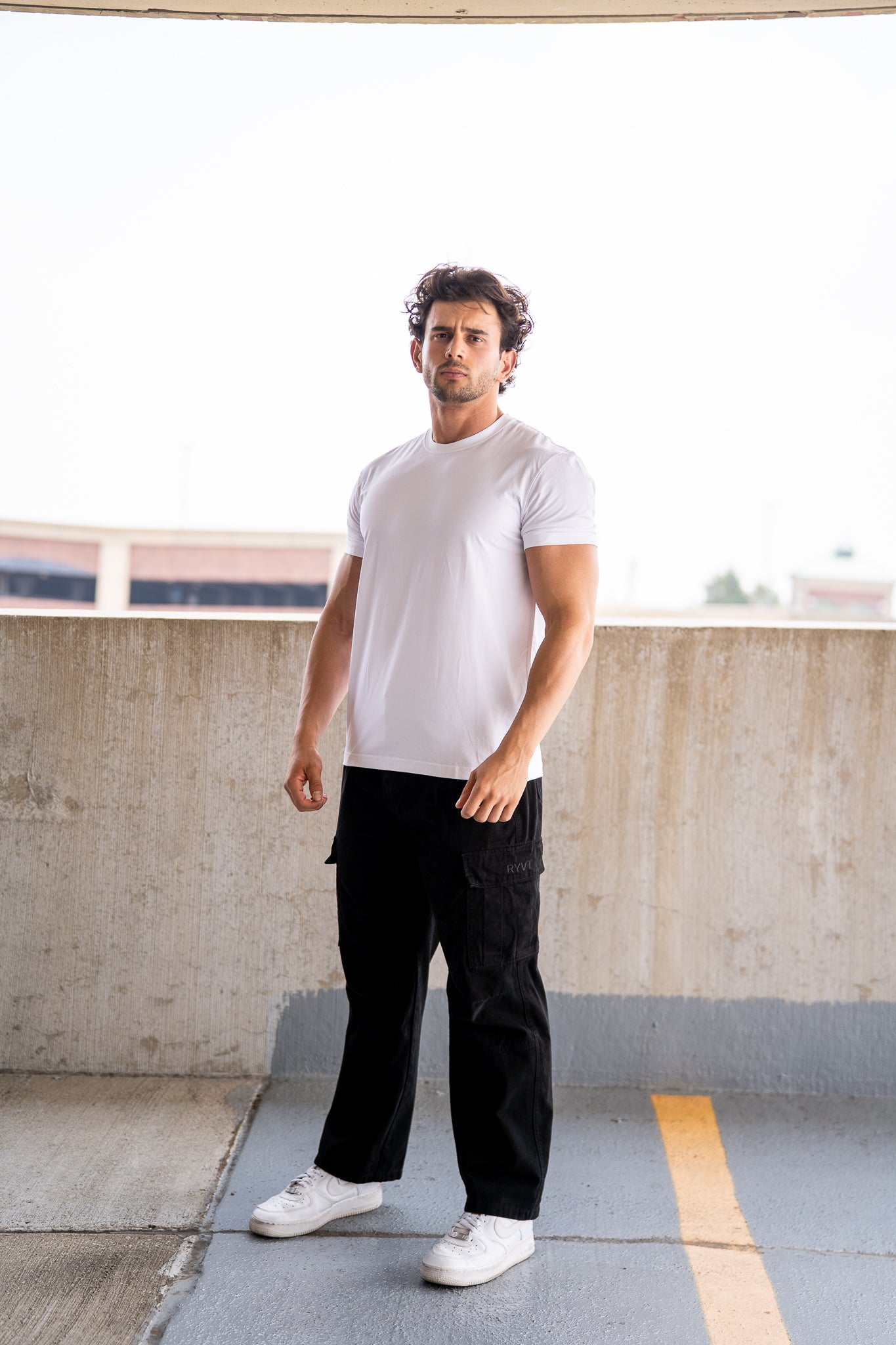 White Foundation Tee, on model, front view
