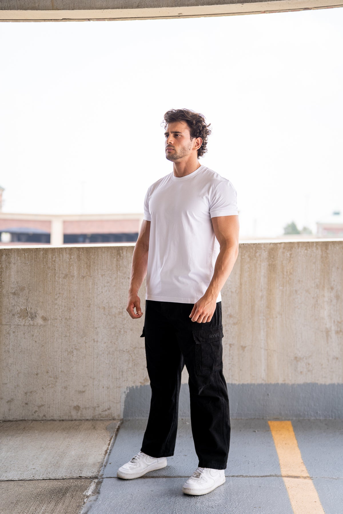White Foundation Tee, on model, front view