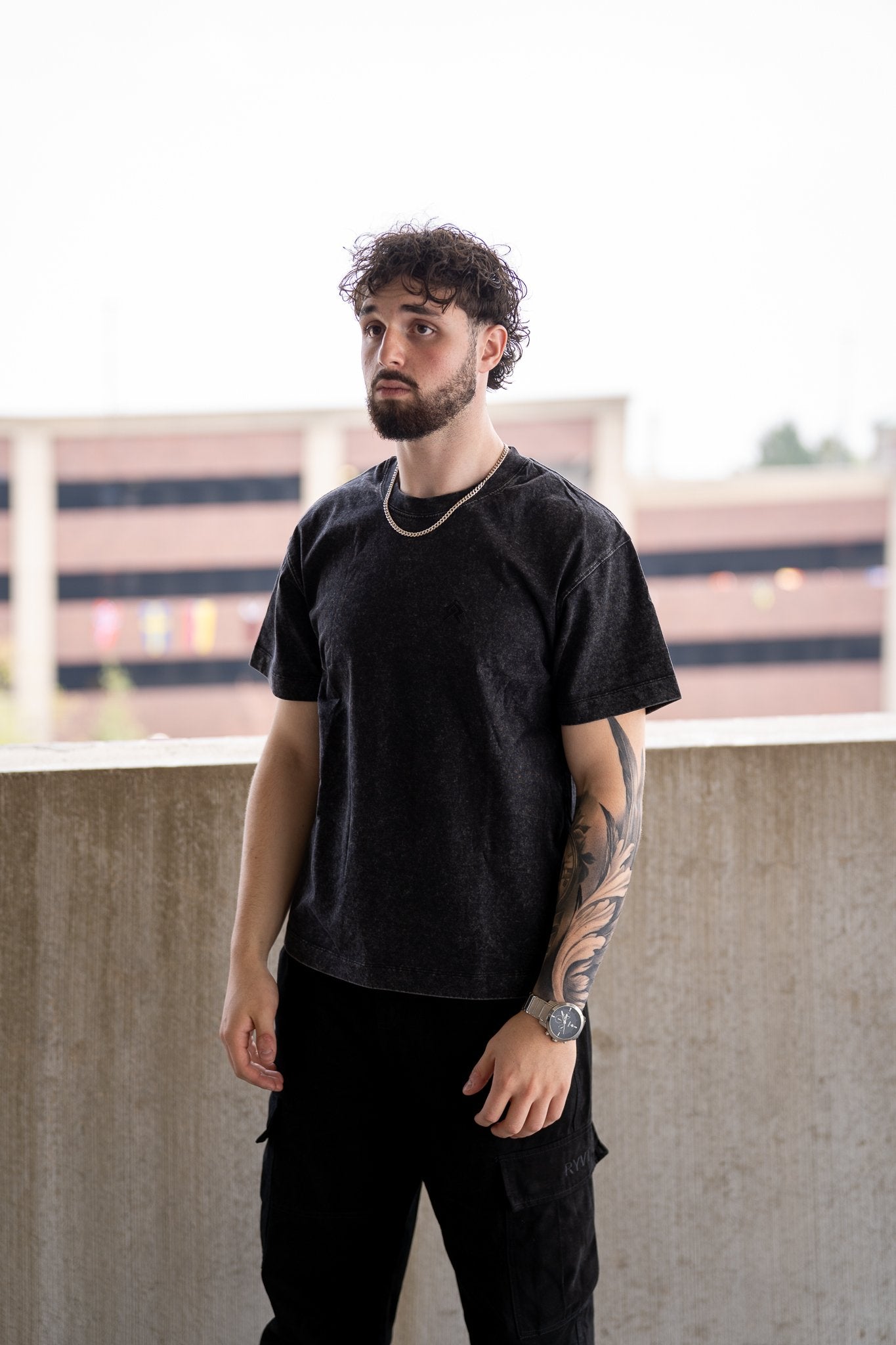 Black Foundry Wash Heavyweight Tee, on model, front view