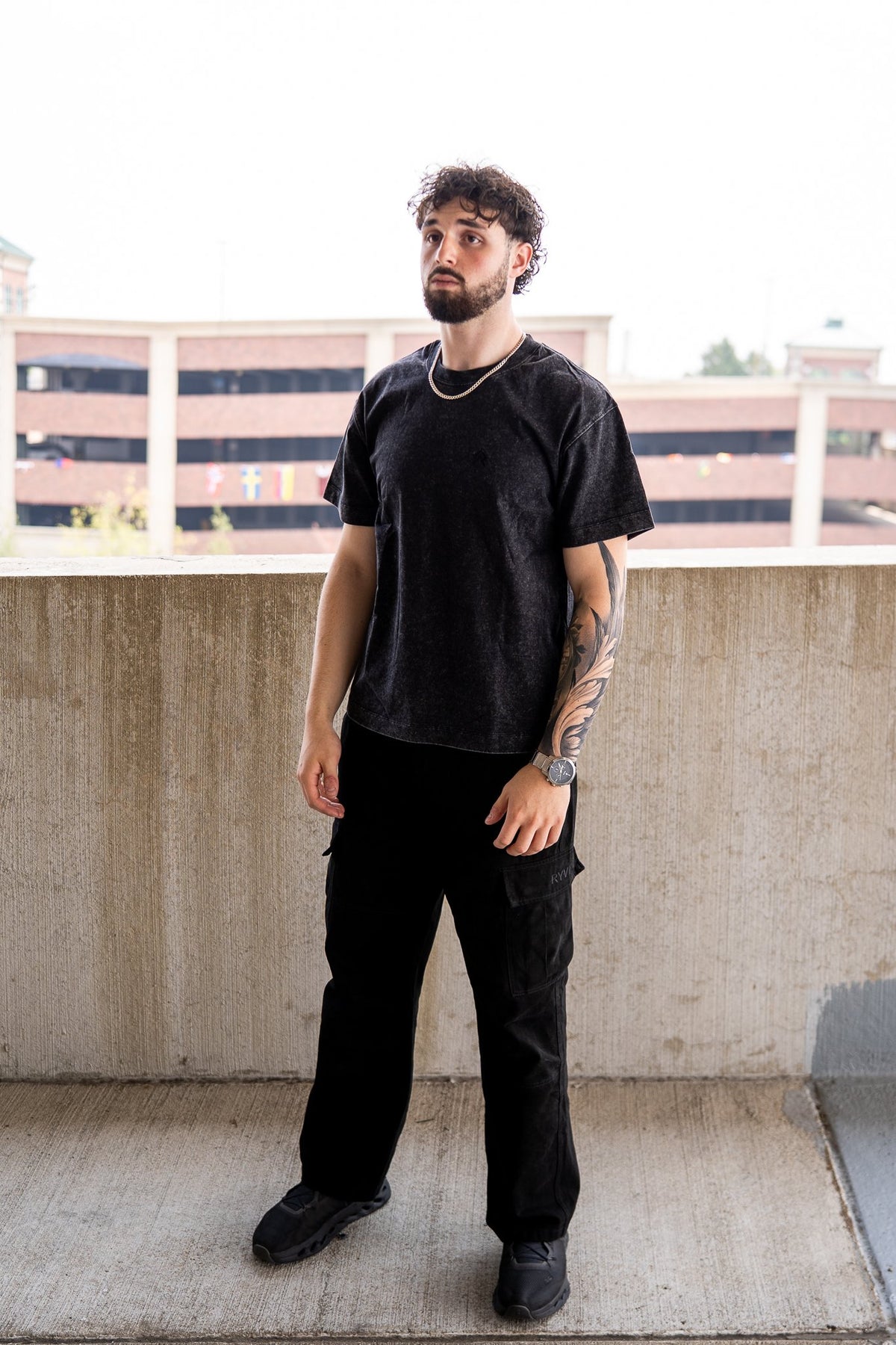 Black Foundry Wash Heavyweight Tee, on model, front view