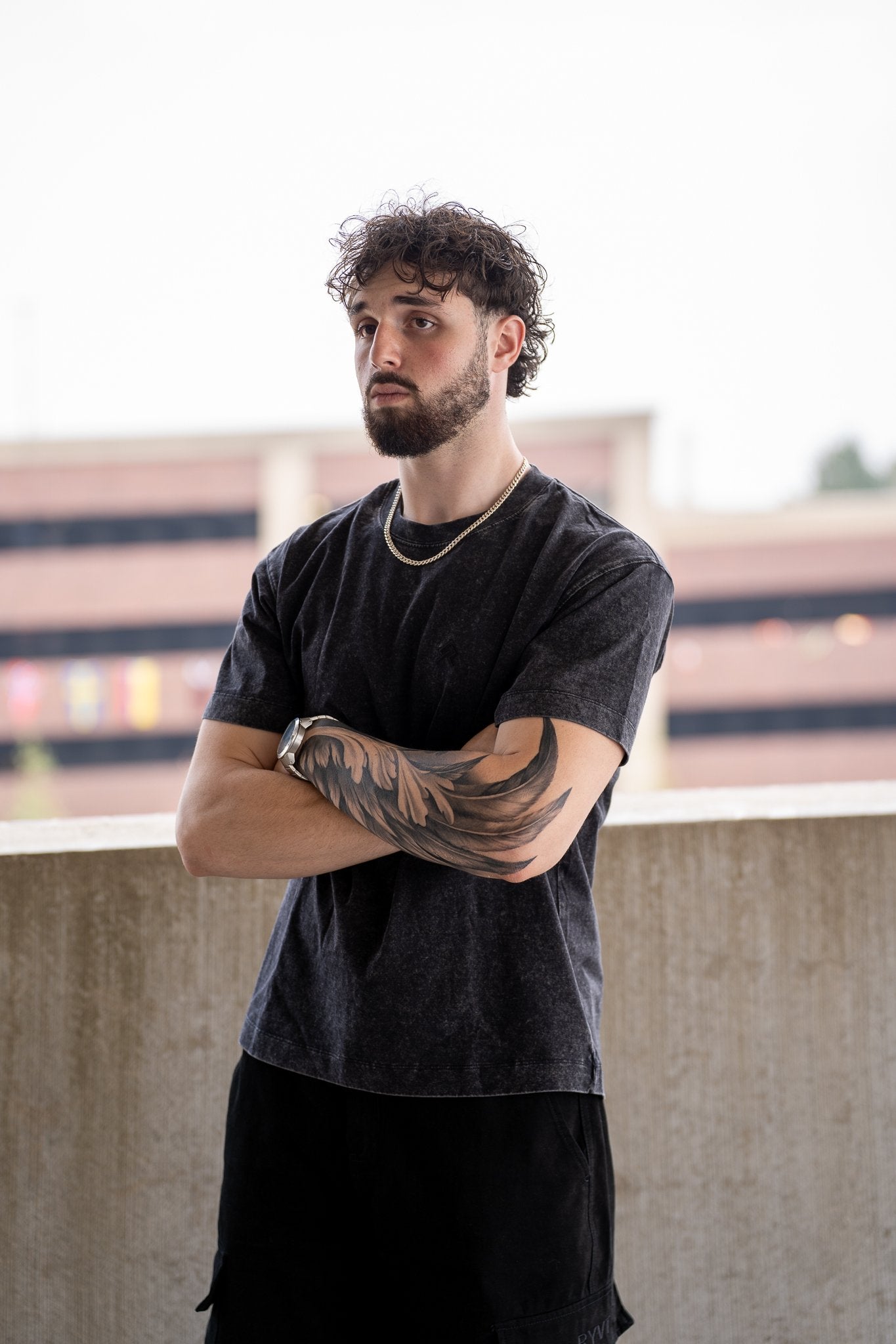 Black Foundry Wash Heavyweight Tee, on model, front view