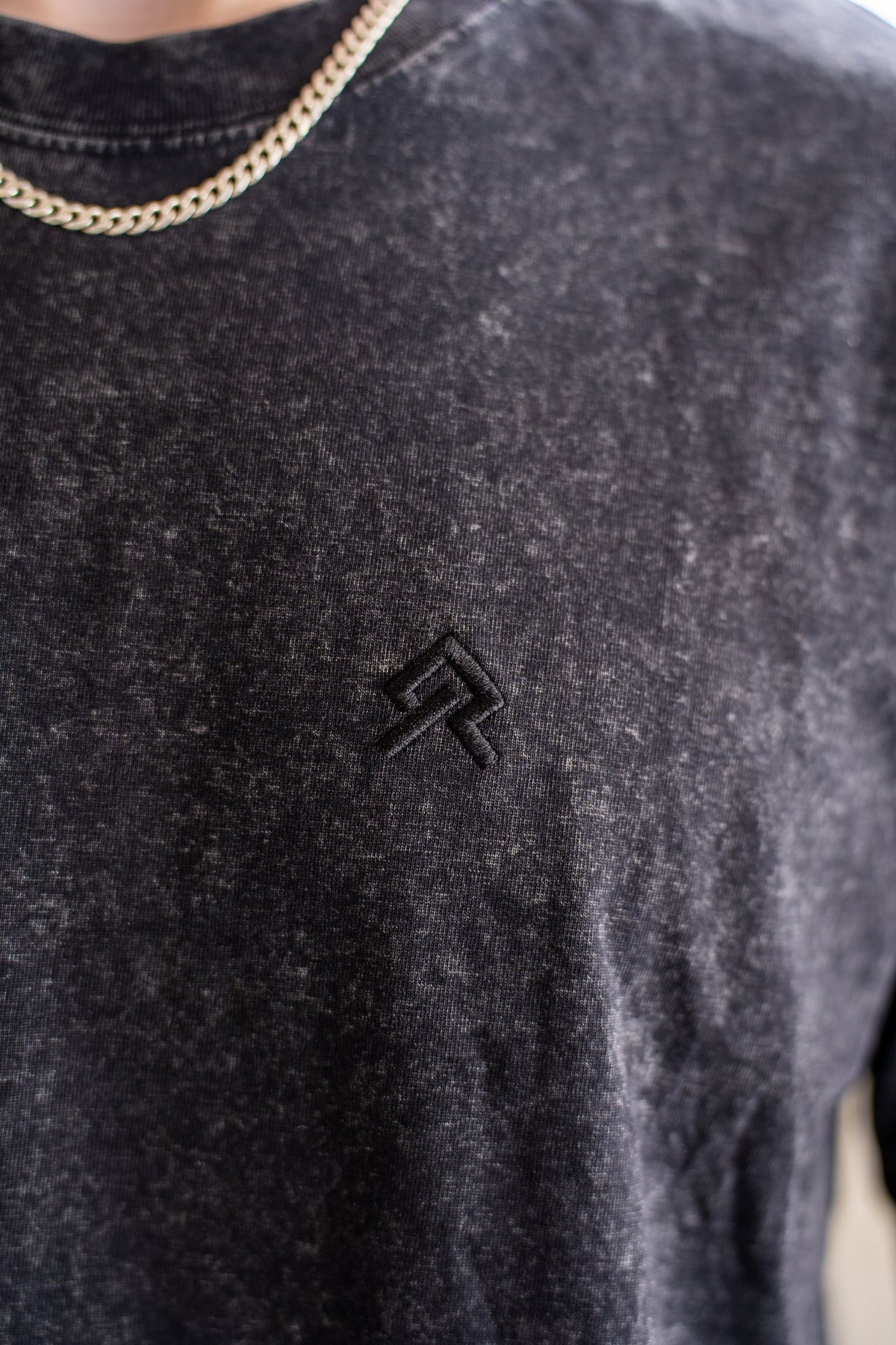 Black Foundry Wash Heavyweight Tee, on model, detail view
