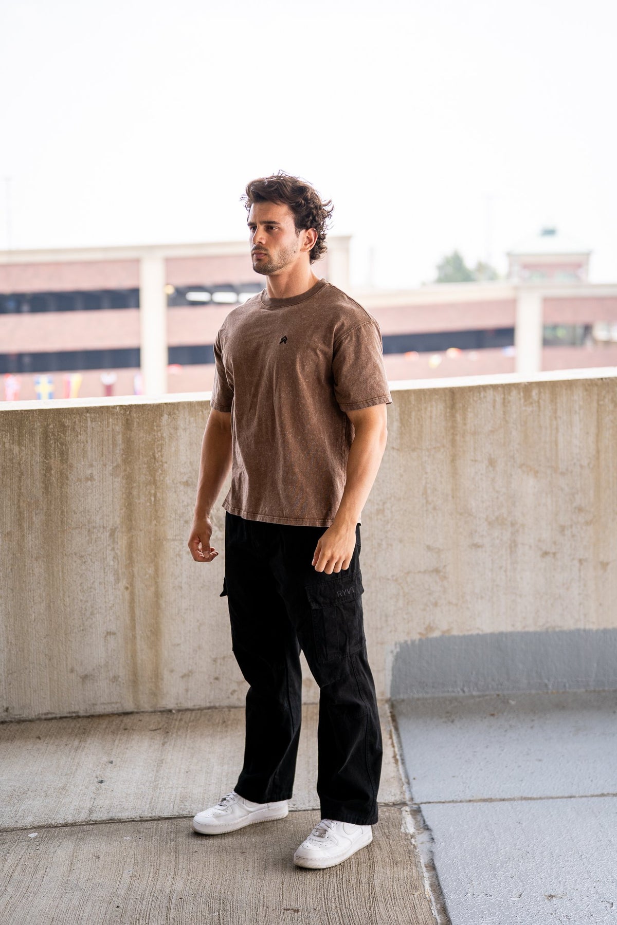 Brown Foundry Wash Heavyweight Tee, on model, front view