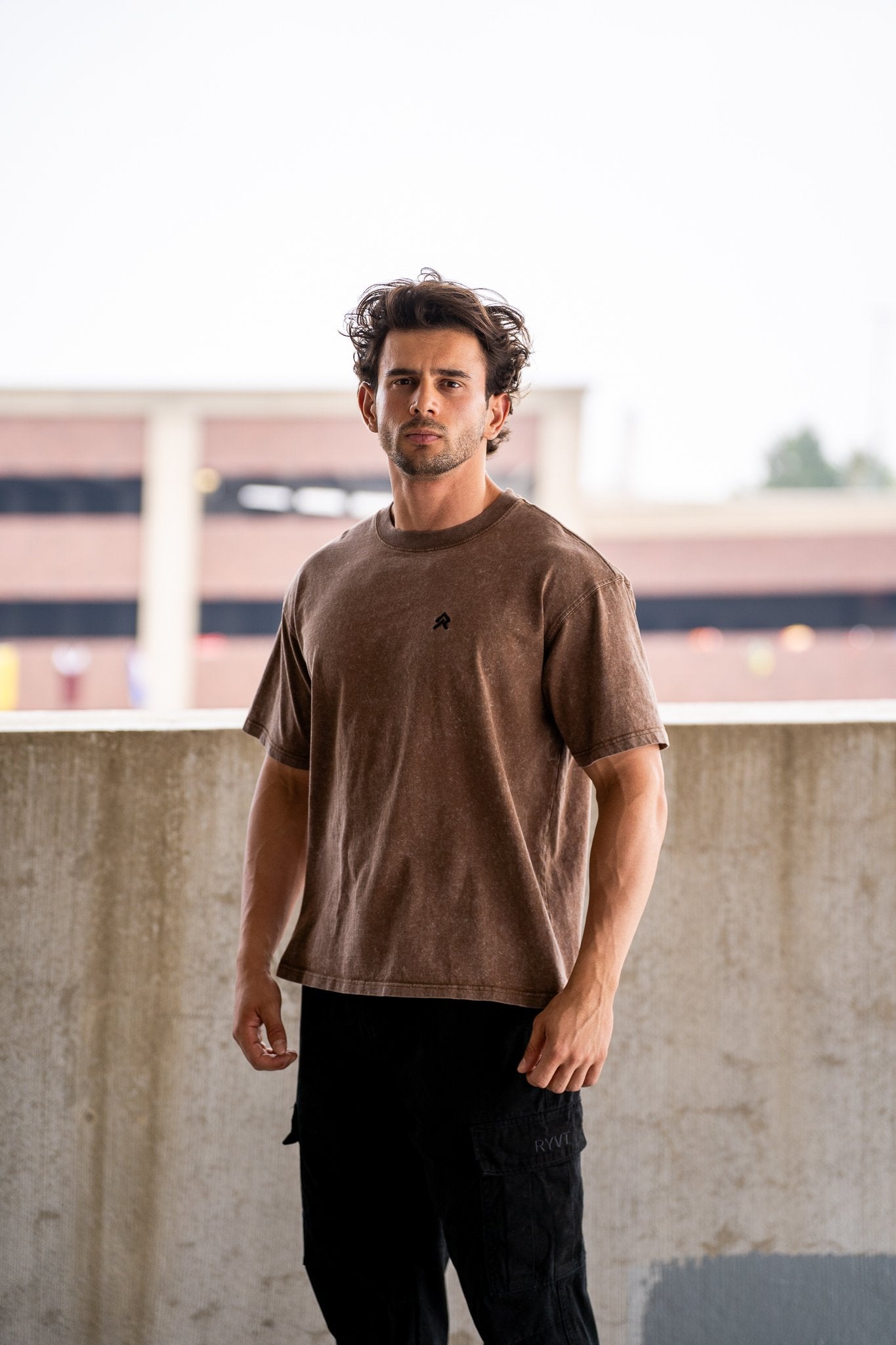 Brown Foundry Wash Heavyweight Tee, on model, front view