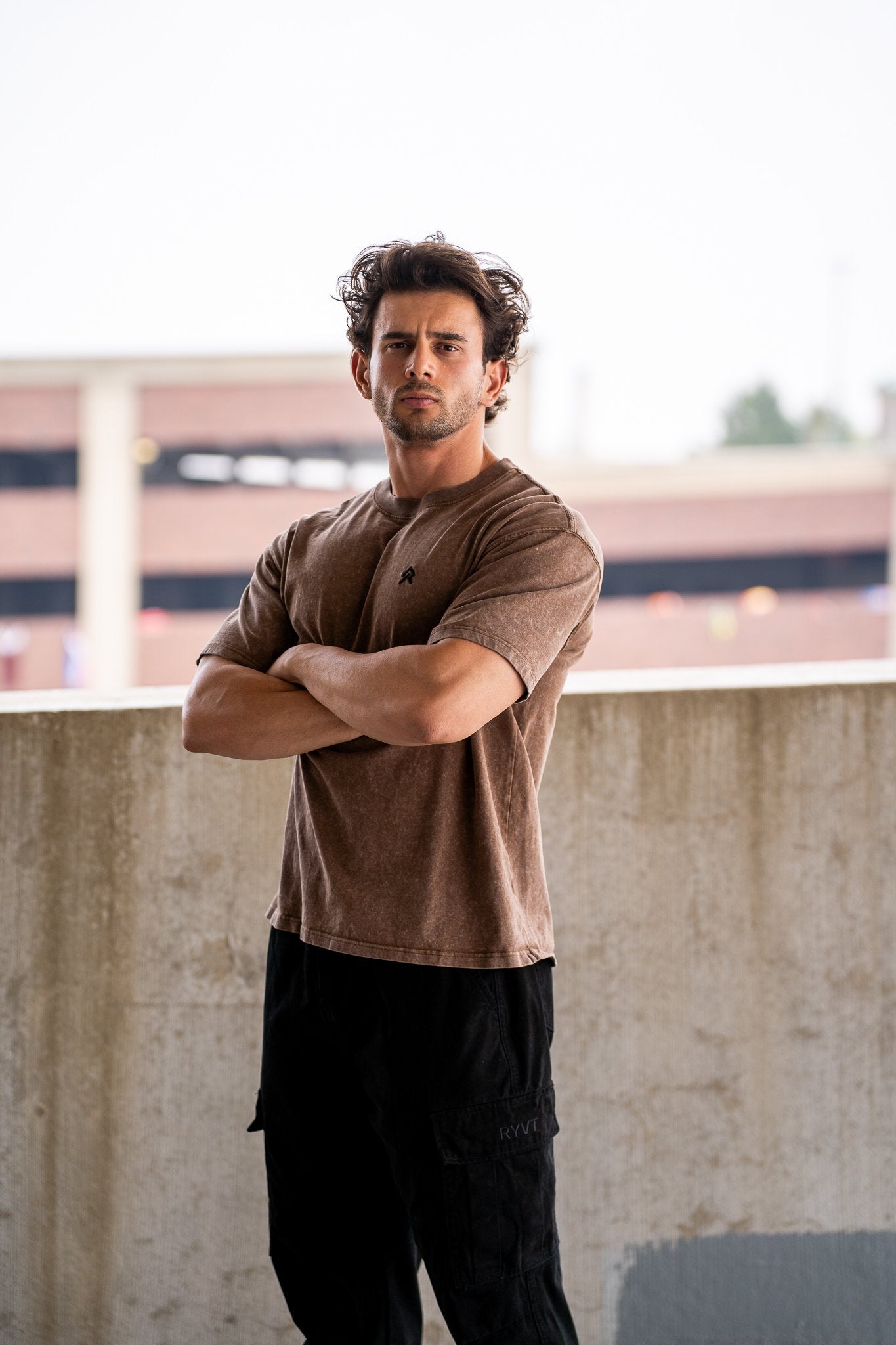 Brown Foundry Wash Heavyweight Tee, on model, front view