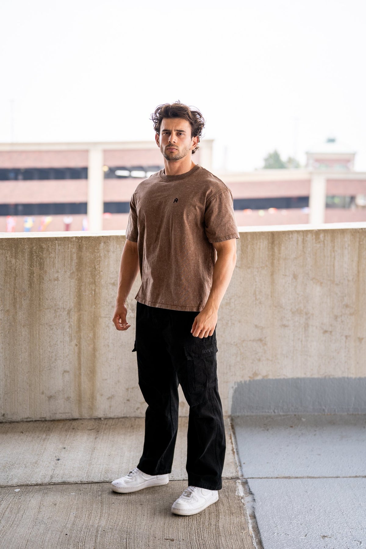 Brown Foundry Wash Heavyweight Tee, on model, front view