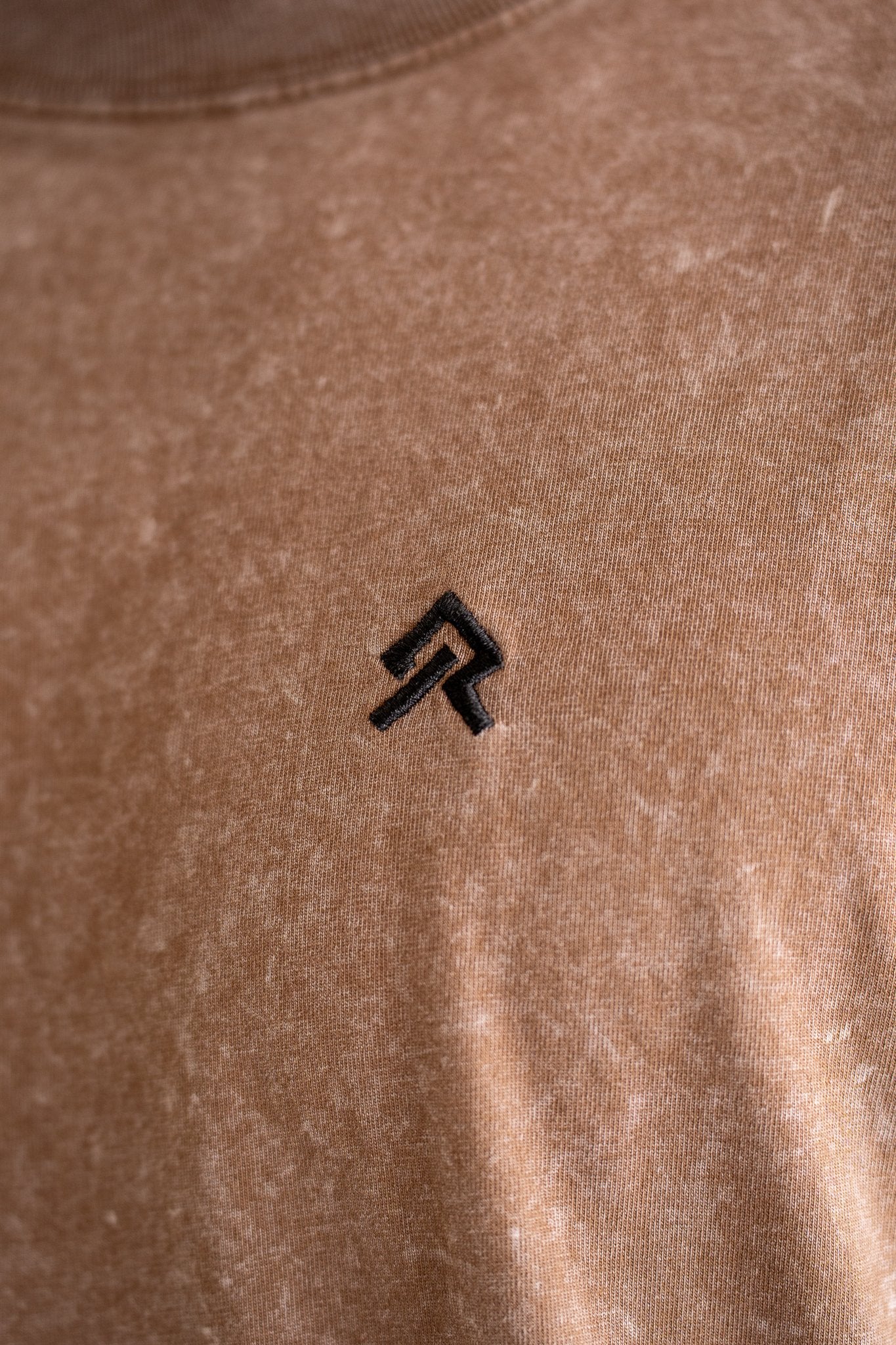 Brown Foundry Wash Heavyweight Tee, on model, detail view