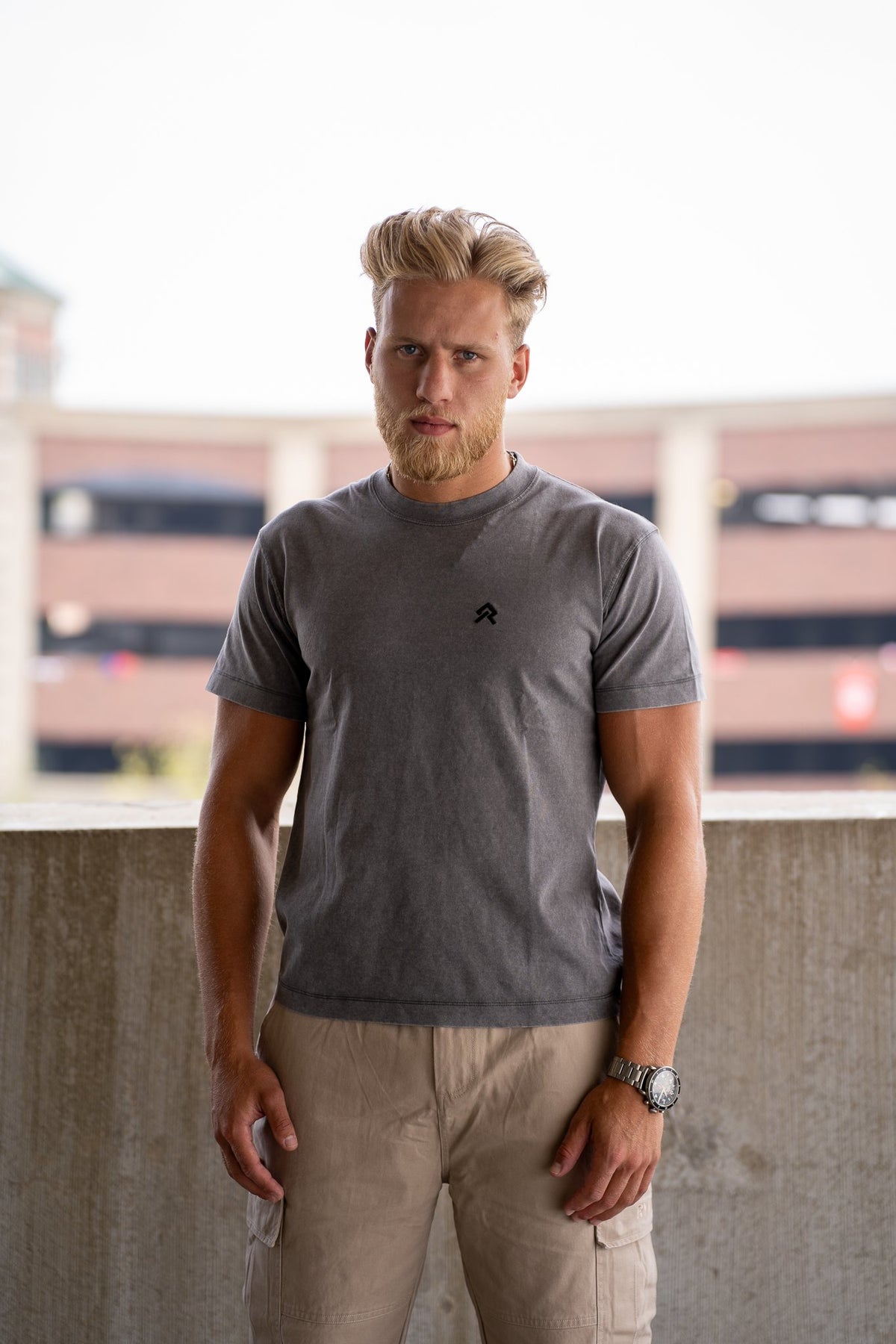 Grey Foundry Wash Heavyweight Tee, on model, front view