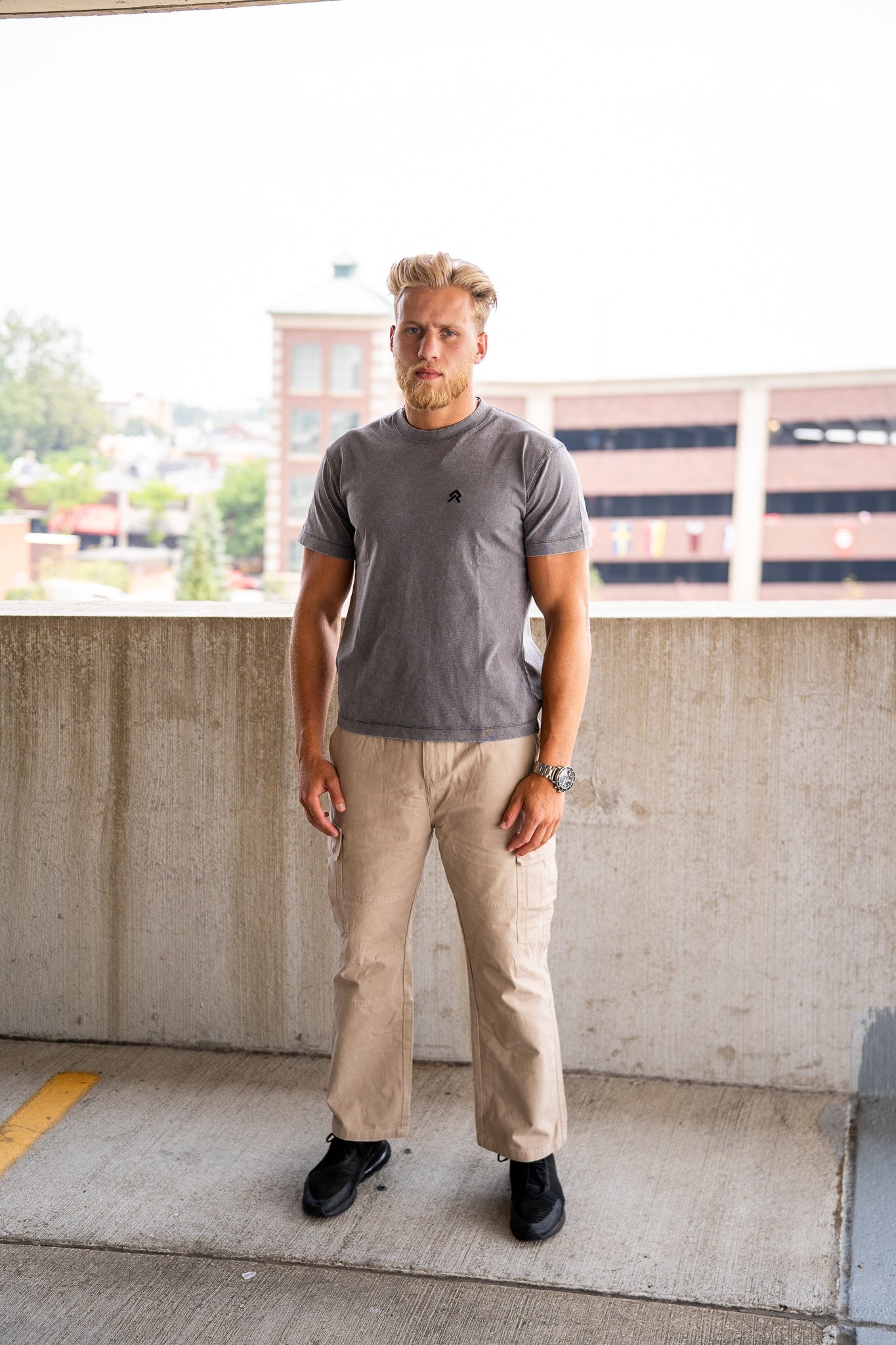 Grey Foundry Wash Heavyweight Tee, on model, front view