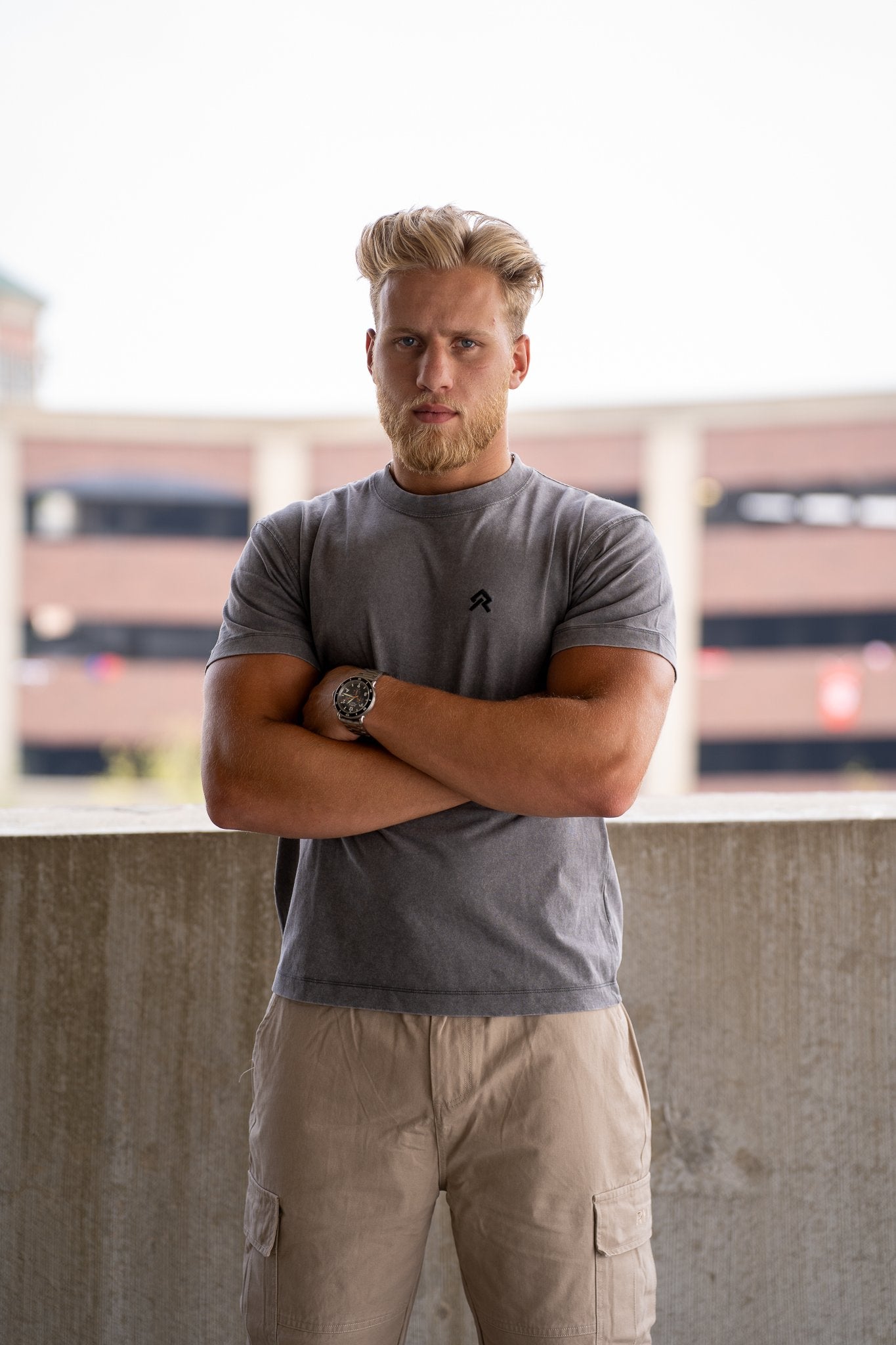 Grey Foundry Wash Heavyweight Tee, on model, front view