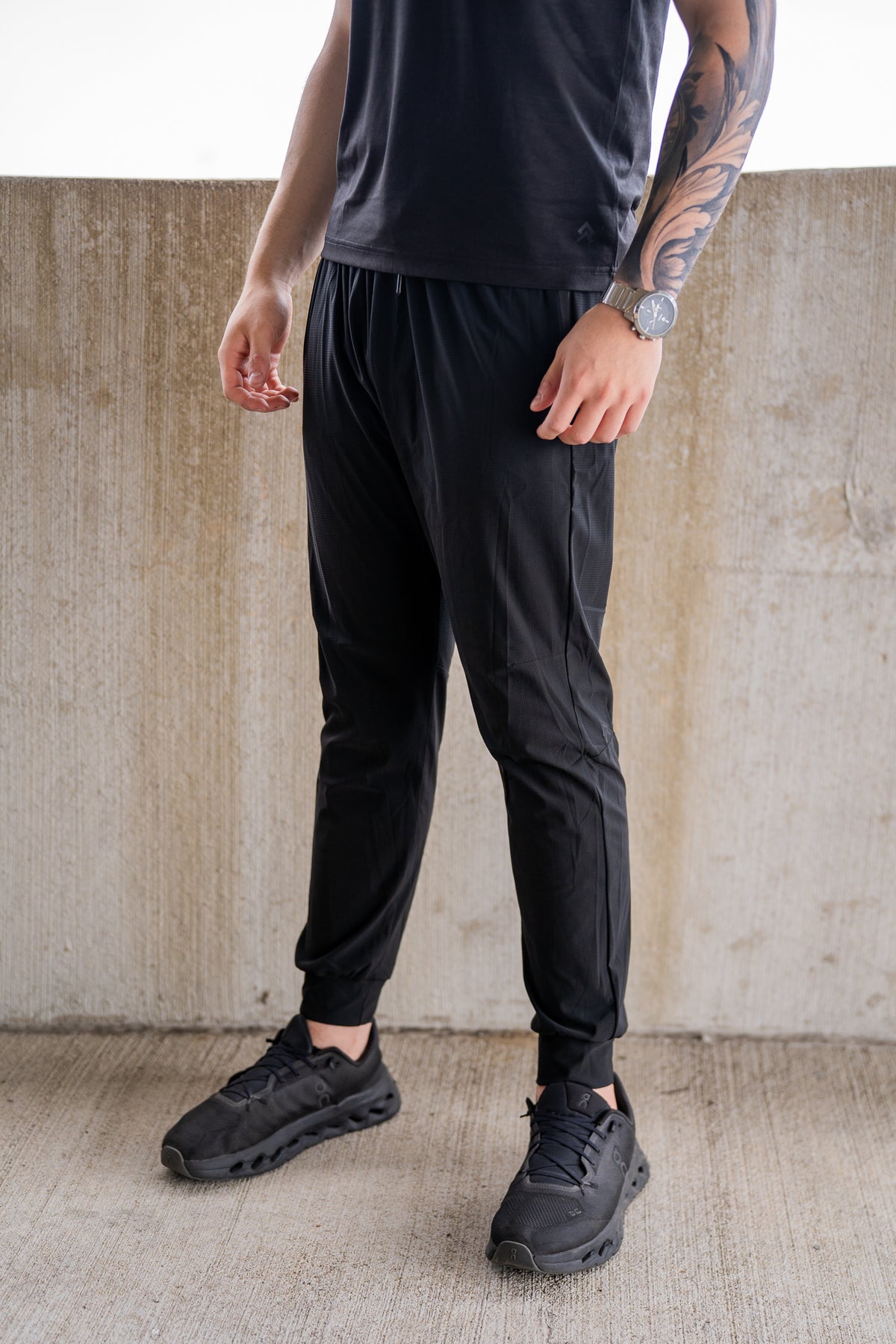 Black Kinetic Cuffed Joggers, on model, front view