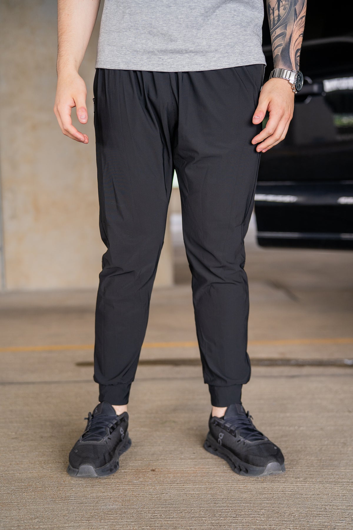 Black Kinetic Cuffed Joggers, on model, front view