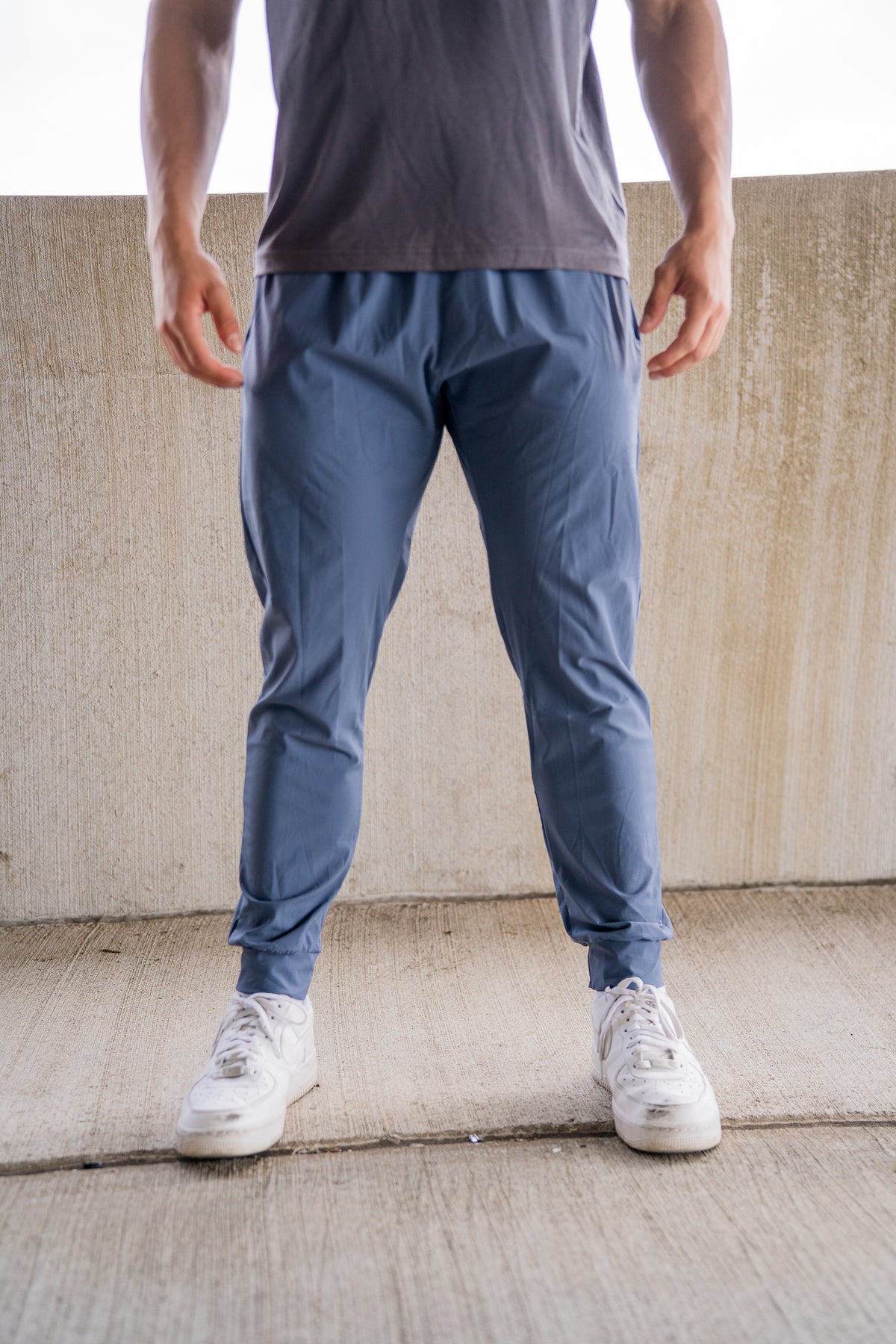 Blue Kinetic Cuffed Joggers, on model, front view