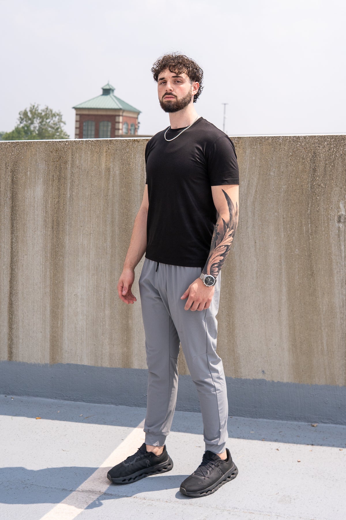 Grey Kinetic Cuffed Joggers, on model, three-quarter view