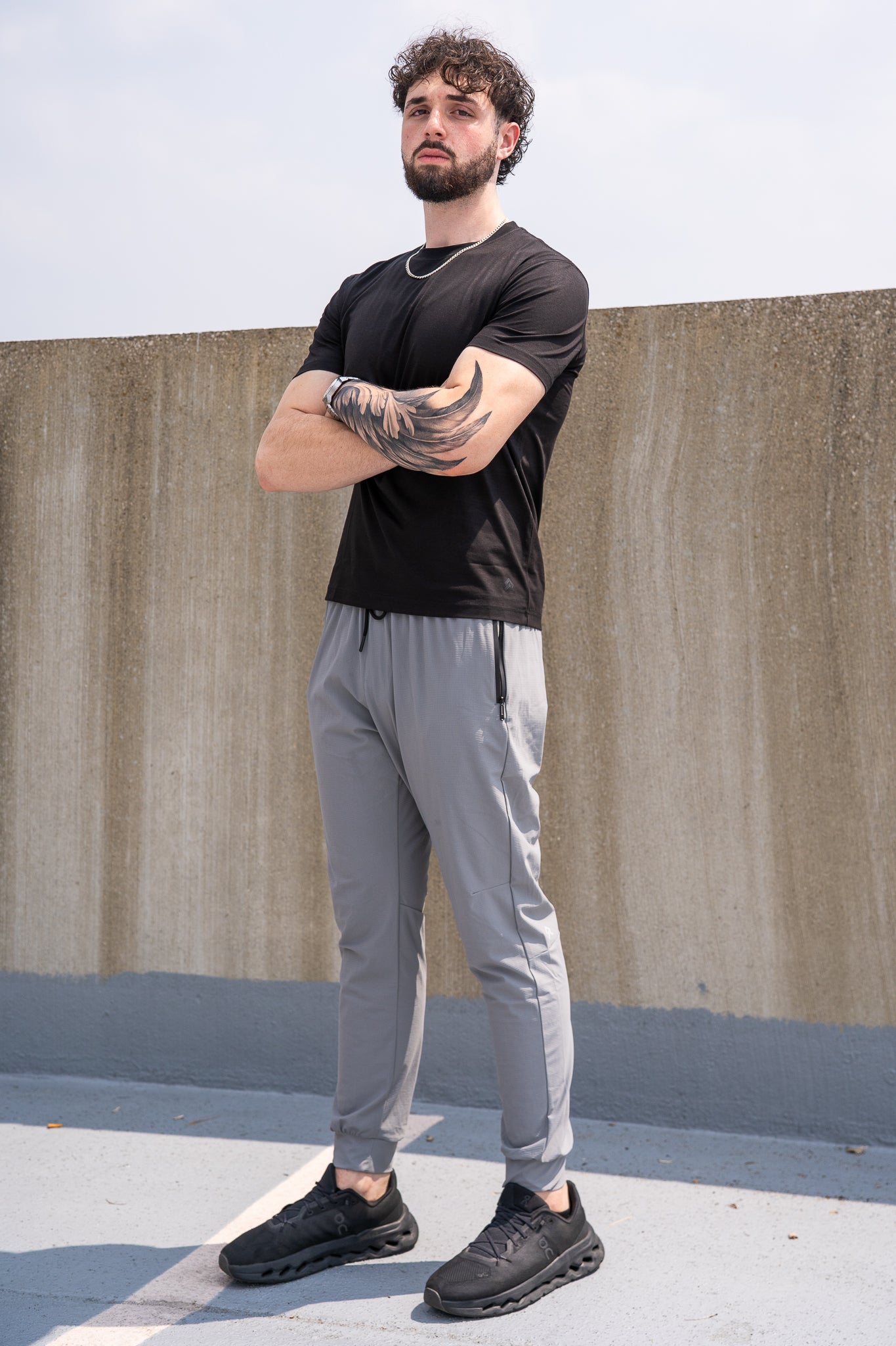 Grey Kinetic Cuffed Joggers, on model, front view